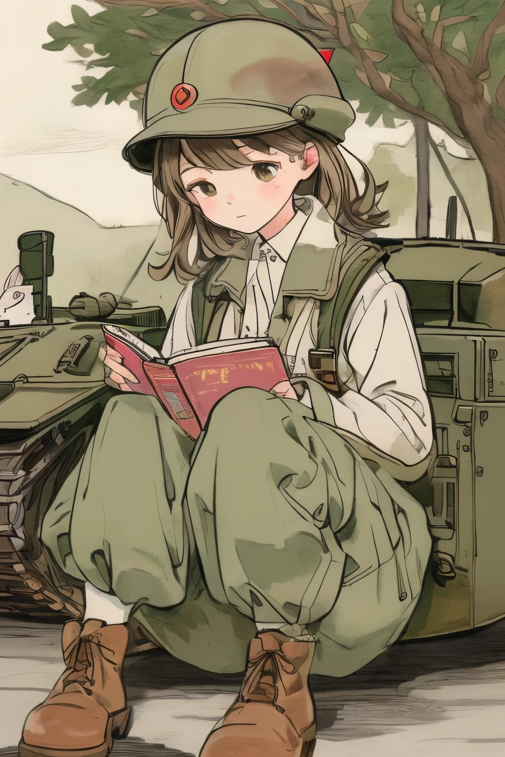 Pastel drawing、A soldier girl is leaning against the caterpillar track of a tank and reading a book.、Next to her, a white rabbit is reading a book with the girl, placing it on the ground.、The girl has short brown hair、Wearing an old German military helmet and uniform、Wear long pants and brown leather combat boots、The girl puts a rifle on her shoulder、Holding a book with both hands and reading、Gentle expression、Rabbits are cute and fluffy、A lot of military vehicles are lined up around the girl.、Surrounding trees,The color is reminiscent of autumn leaves.、masterpiece, best quality, high resolution, detailed, extremely fine design, masterpiece, best quality, high resolution, detailed design,