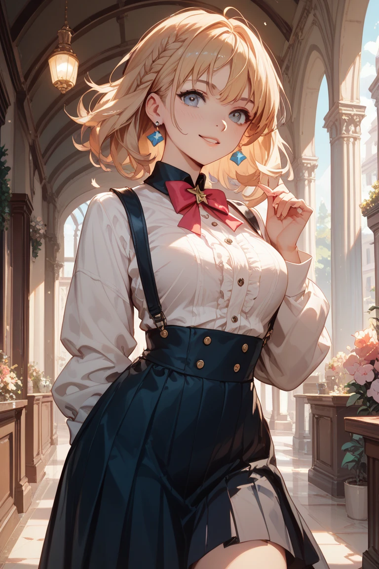 masterpiece, best quality, highres, hs1, light purple eyes, wide hips, thick thighs, long sleeve shirt, midriff, blonde hair, cleavage, long hair, half updo, blunt bangs, pink shirt, black thighhighs, micro skirt, legs apart, khaki skirt, hair clips, bow tie, cardigan (huge breasts), indoors, cowboy shot, from below, smile, looking at viewer, thick thighs, jirai kei, window, plant, necklaces, ear piercings, bracelets