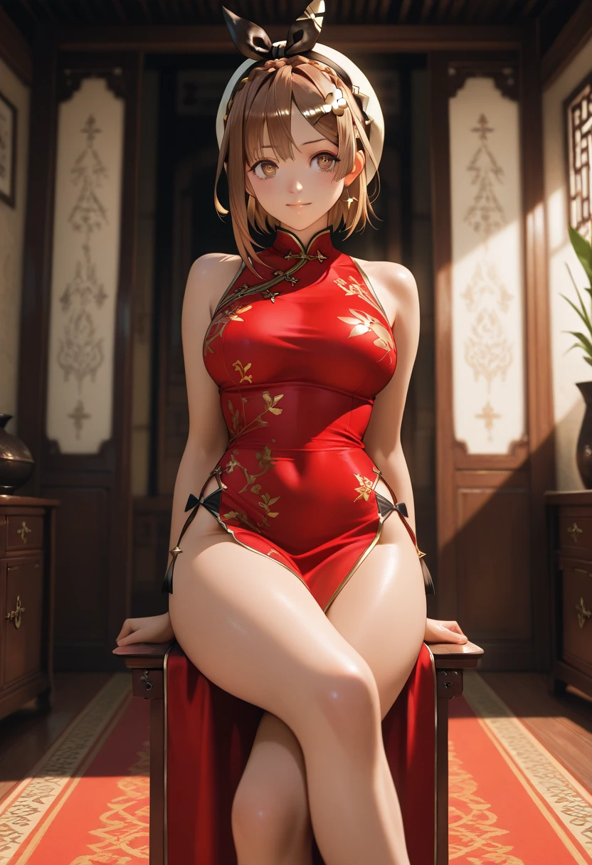 kneeling on the bed Wearing a red Chinese dress No bra Nipples are slightly visible Blonde Bun Hair