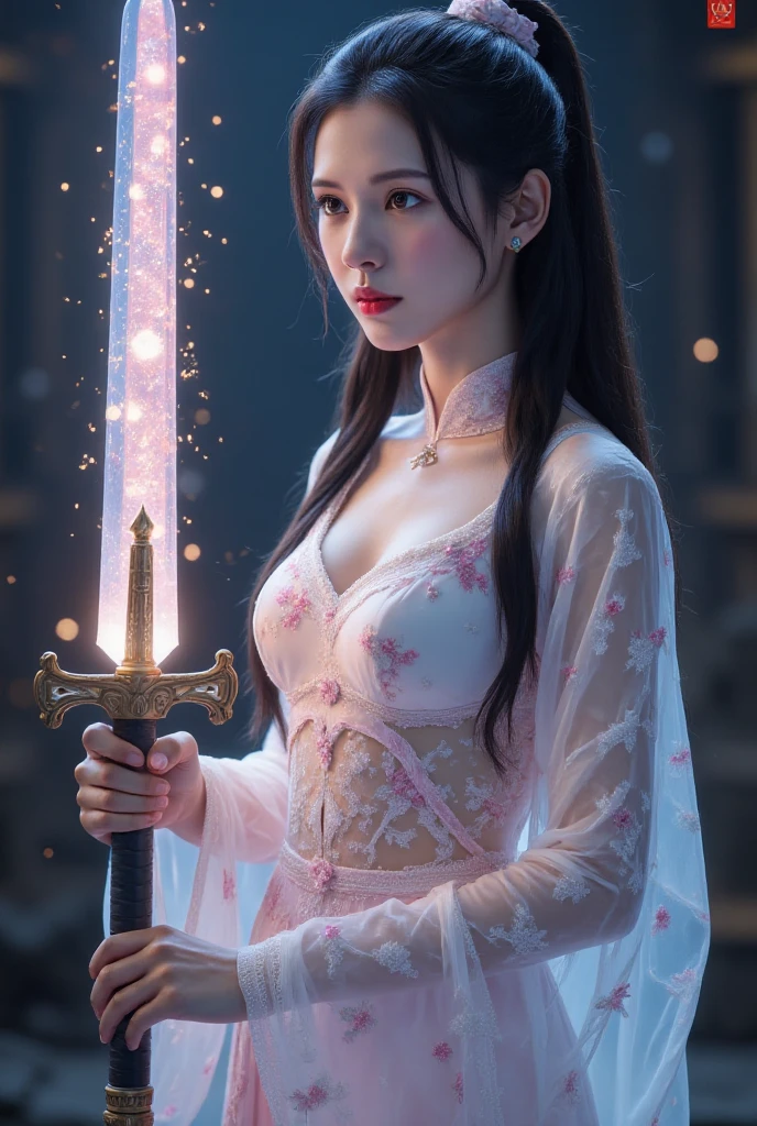 Girl with sword,Simple lines,Light underwear,(transparent),The chest is faintly visible,Cleavage,Minimalism,Holding a red long sword,