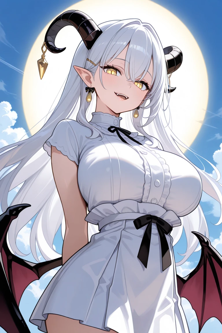 (Front Focus),(In the Dark:1.6), (Masterpiece, of the highest quality, best, Official art, Beautiful and aesthetic:1.2), game cg, Highly detailed and realistic CG, Colorful, Masterpiece, Best Quality, jewel-like eyes, 1girl, child, 6 years old, solo, blonde hair, very long hair, straight hair, black sailor suit, black mini skirt, layered skirts, glowing eyes, star-shaped pupils, smug, smirk, open mouth, black tights, skinny legs, jig eyes, round breasts, large breasts, (white covered breast:1.2), breast focus, ruby red eyes, contrapposto, hands on hip, bokeh, slender, (black skin:1.0), (dark skin:1.5), little succubus wings, long succubus tail, from POV,