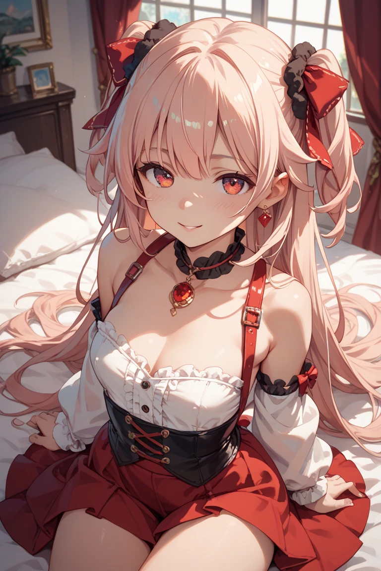 (1 girl, long hair, glowing red eyes, underwear, shy face, blush, sexy, neckline, naughty smile), (bedroom, backlight), facing you, looking at you, view from above