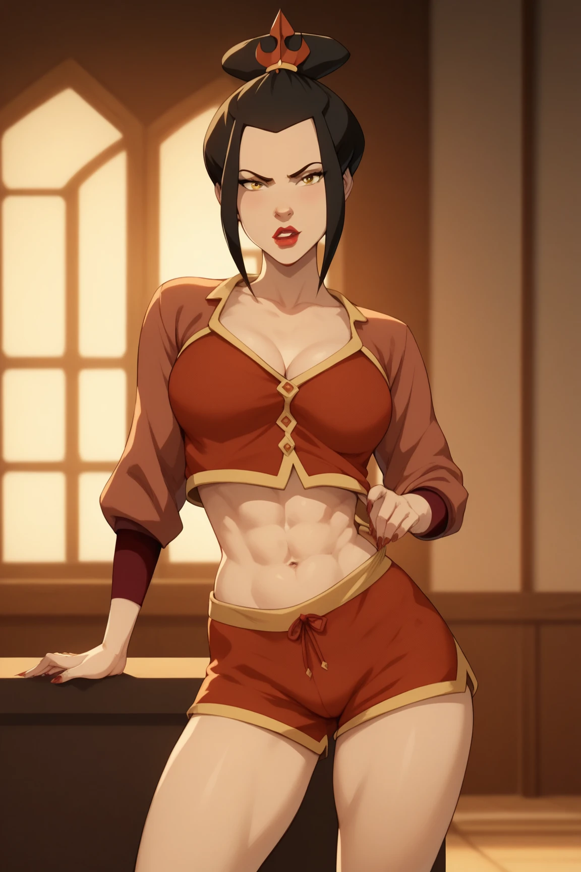 Beautiful, Obra maestra, La mejor calidad, Cara extremadamente detallada, Perfect lighting, Disparo de vaquero, 1girl, Azula, cuerpo perfecto, pechos grandes, Ropa ajustada, seductor, lipstick, maquillaje, Cola de caballo, topknot, Mirando al espectador