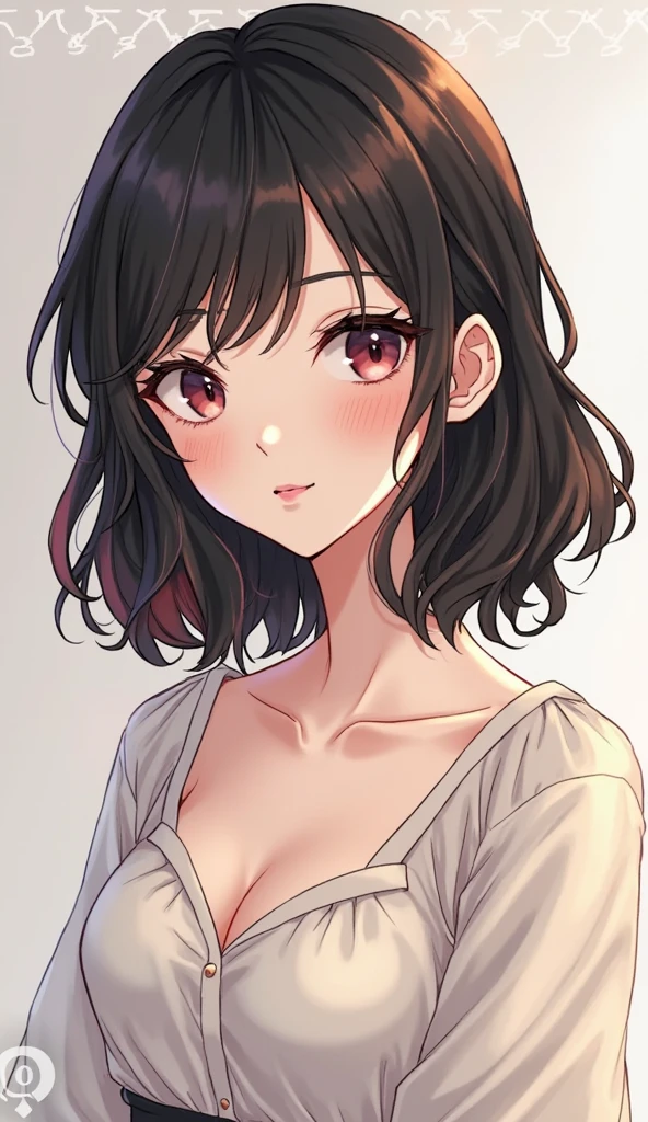 Amazing portrait of a young mature woman with short wavy hair black hair with a fascinated and a surprised expression wearing a pink blouse with a mature face who's experiencing orgasm during night time with soft lighting highlighting her heart pupils as she's sweaty and blushing with a mole under her eye wearing eyeliner with her mouth open and empty eyes