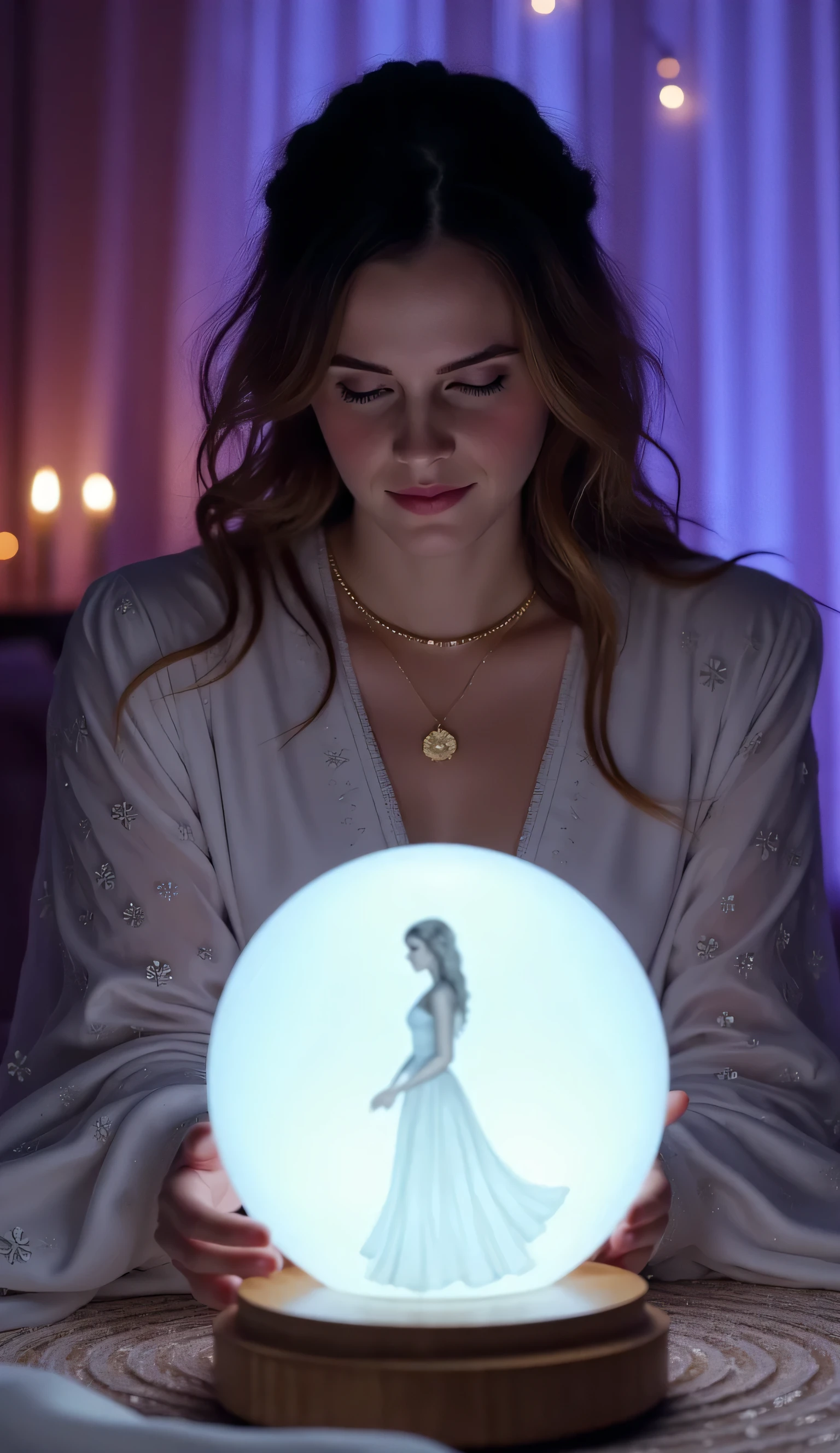"A young, serene, and enchanting fortune teller sits gracefully at a softly lit table, her hands gently hovering over a glowing crystal ball. She wears a sophisticated, flowing fortune teller’s outfit with a formal twist—delicate, mystical patterns woven into a tailored, elegant robe that gracefully accentuates her full, prominent bust, complemented by soft golden jewelry and a sheer, refined shawl. Her deep, tranquil eyes gaze into the crystal ball, where a soft, pulsating white light swirls calmly. Within the light, the symbol of the Virgo zodiac sign materializes: the iconic Virgo glyph (♍) or a majestic representation of the Maiden, standing poised with gentle dignity, her form faintly shimmering in the ethereal glow. A subtle, peaceful aura surrounds it. The background is adorned with soft, velvet curtains in shades of lavender and deep blue, flickering candlelight, and subtle mystical symbols. Gentle, twinkling lights pulse softly in the background, creating a dreamy and magical atmosphere. The ambient light casts a soft glow on her face, enhancing the sense of calm and spiritual serenity."