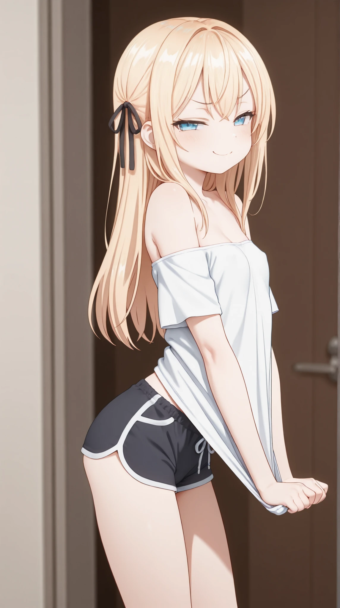 score_9, score_8_up, score_7_up, rating_explicit, 1girl, solo, MahiruShiina, otonari no tenshi-sama ni itsu no mani ka dame ningen ni sarete ita ken, shiina mahiru \(otonari no tenshi-sama\), yellow eyes, blonde hair, long hair, straight hair, medium breasts, camisole, pink camisole, crop top, shorts, denim shorts, thighhighs, black thighhighs, skindentation, bare arms, shoulder blades, from behind, cowboy shot, leaning forward, looking at viewer, looking back, ass focus, simple background, white background, blush, smile, :d, open mouth