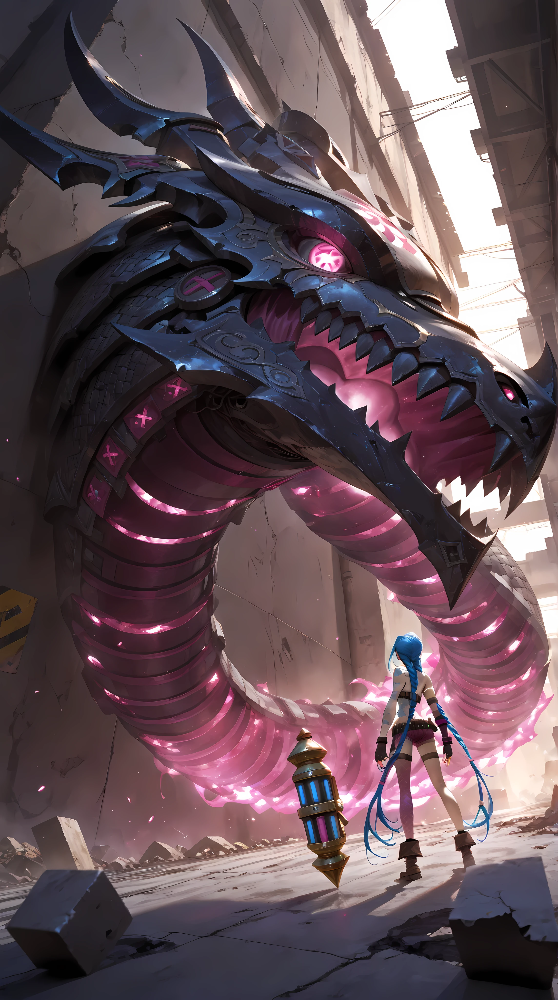 (masterpiece, best quality,top quality),(wide shot:0.95),leagueoflegends,all in one,Jinx,Dynamic angle,1girl,solo, highly detailed, concrete,exquisite clothing, beautiful appearance