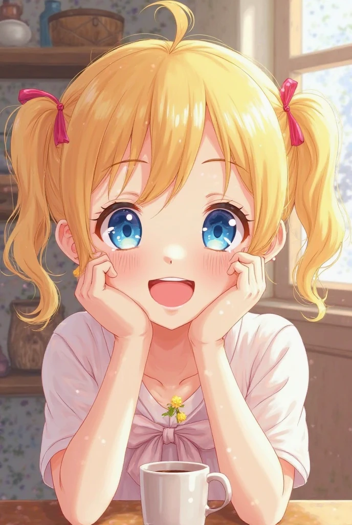 Young attractive anime GIRL in kindergarten uniform costume sitting on chair in bathroom area,a close up of a cartoon baby bare chest with an eye drawn on it, 1girl, breasts, smile, solo, grin, dress, selfie, blush, small breasts, flashing, no bra, white dress, collarbone, head out of frame, baby, cute, , downblouse, loose t-shirt, leaning forward, inverted_nipples, Ichigo Hoshimiya (Aikatsu!),kindergarten_uniform