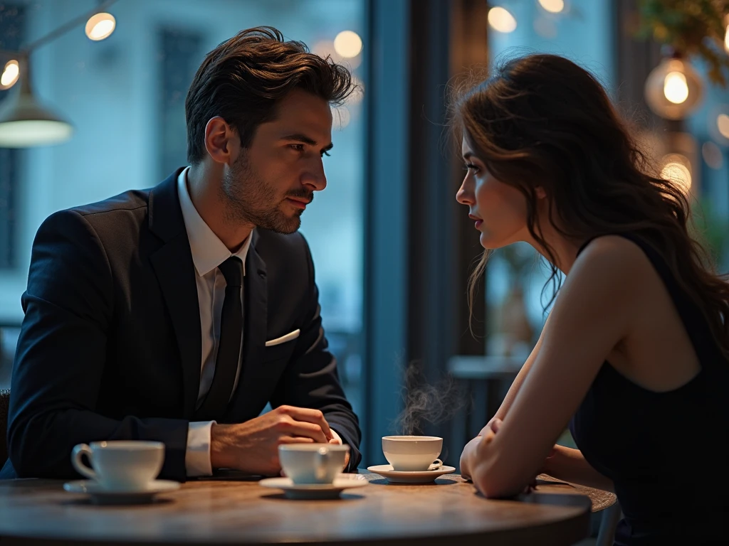 she is name ahu 20 years old (brunette) ,(tall woman),(long legs),single woman, chest 80 waist 60 hip 80 , G30,big normal breast,she is wear black strapless dress, A 30-year-old handsome man is sitting next to Ahu, the man's face is not visible. Ahu's face is visible. The man's head is seen from behind and he is looking at the ahu, and the ahu is looking at the man. We see the man from behind. Ahu and the man are drinking coffee, the man's face is not visible at all, the man's back is visible, the man and the man are sitting next to each other,
The camera shoots from a distance, the body of the man and the ahu is fully visible, the camera shoots from a distance, it shoots from behind the man, the camera shoots from 5 meters behind the man and the ahu. ,RAW, Nikon Z 85mm, award-winning glamor photography, ((best quality)), ((masterpiece)), ((realistic)), (long brunette hair), hazel eyes,intricate details, highly detailed, sharp focus, professional, 4k, stunning hazel eyes, delicate, innocent, high resolution, detailed facial features, high detail, sharp focus, soft , aesthetic, extremely detailed, photo_\(ultra\), photorealistic, realistic, post-processing, maximum detail, real life, ultra-realistic, photorealism, photography, 8k uhd, photography, russian face