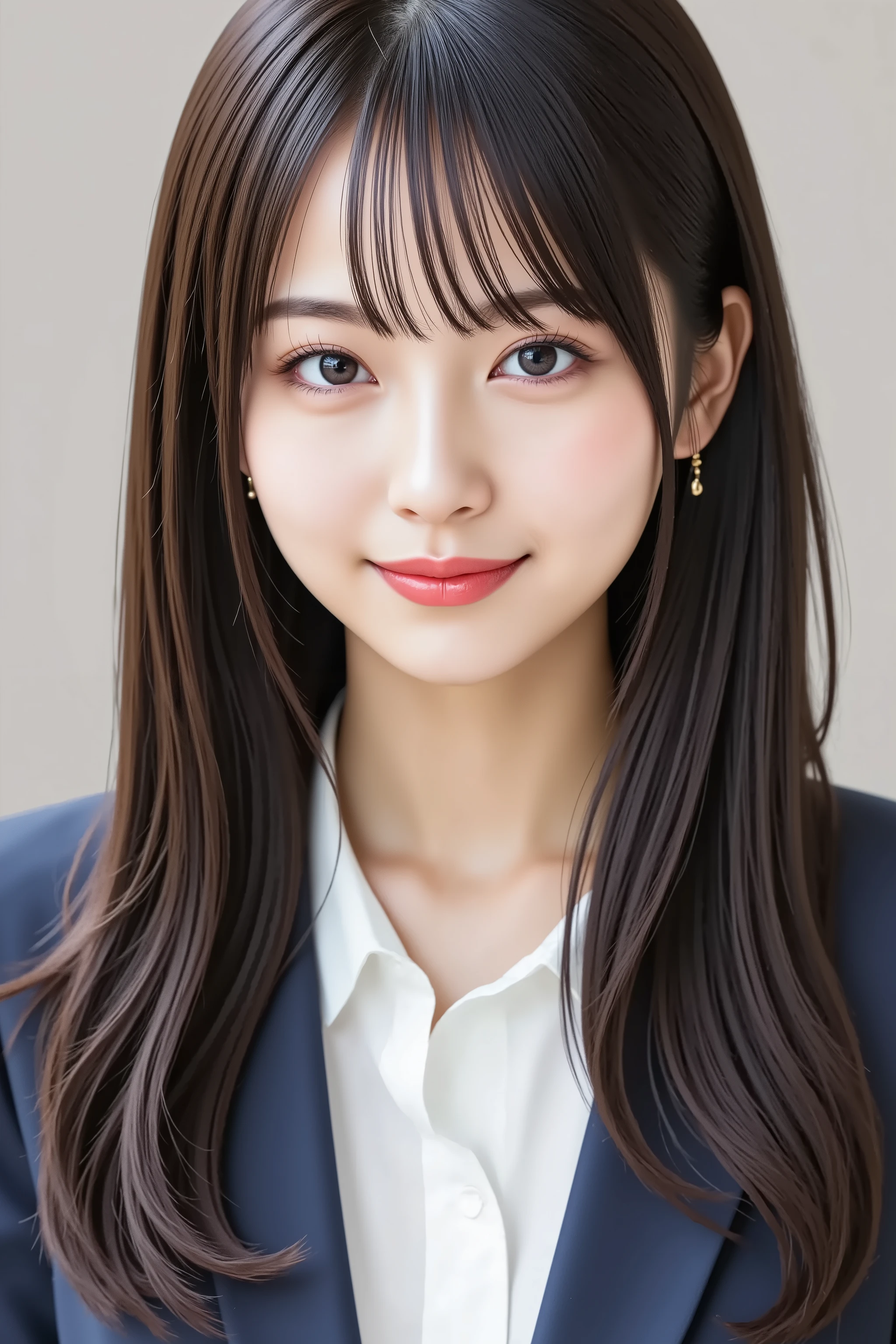 A highly detailed, ultra-realistic digital illustration of a beautiful young Asian woman, with her upper body fully visible and centered in the frame. She has long, smooth black hair with soft bangs, and her clear, luminous skin complements her warm, inviting smile. Her large, expressive eyes are enhanced by natural, elegant makeup. She is wearing a well-tailored, dark-colored suit jacket over a crisp white blouse, exuding professionalism and sophistication. The background is a minimalist, neutral tone that subtly contrasts with her attire, ensuring she remains the focal point. The image is rendered in 8K resolution, capturing every intricate detail with pristine clarity.
