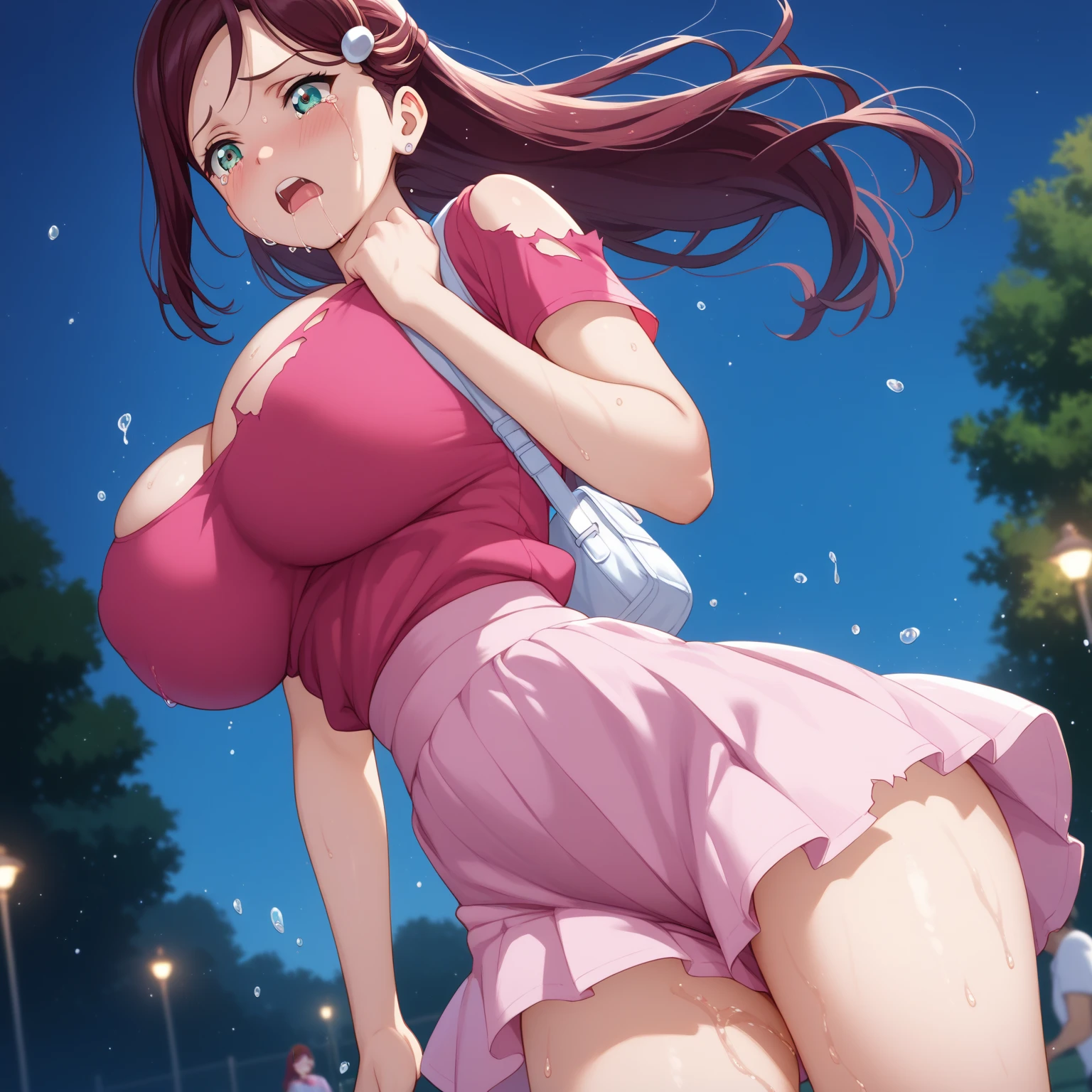 Pretty young girl, brown hair,beautiful long low ponytail hairstyle, (tight grey skirt and tight white bikini , short sleeve,,(slouch),(reisalin stout),(wide muscles),((sexy voluptuous body),((sexy side view)),((running fast with hand holding pink umbrella at street)),(sexy body flexes),(very hard rain),(huge breasts)