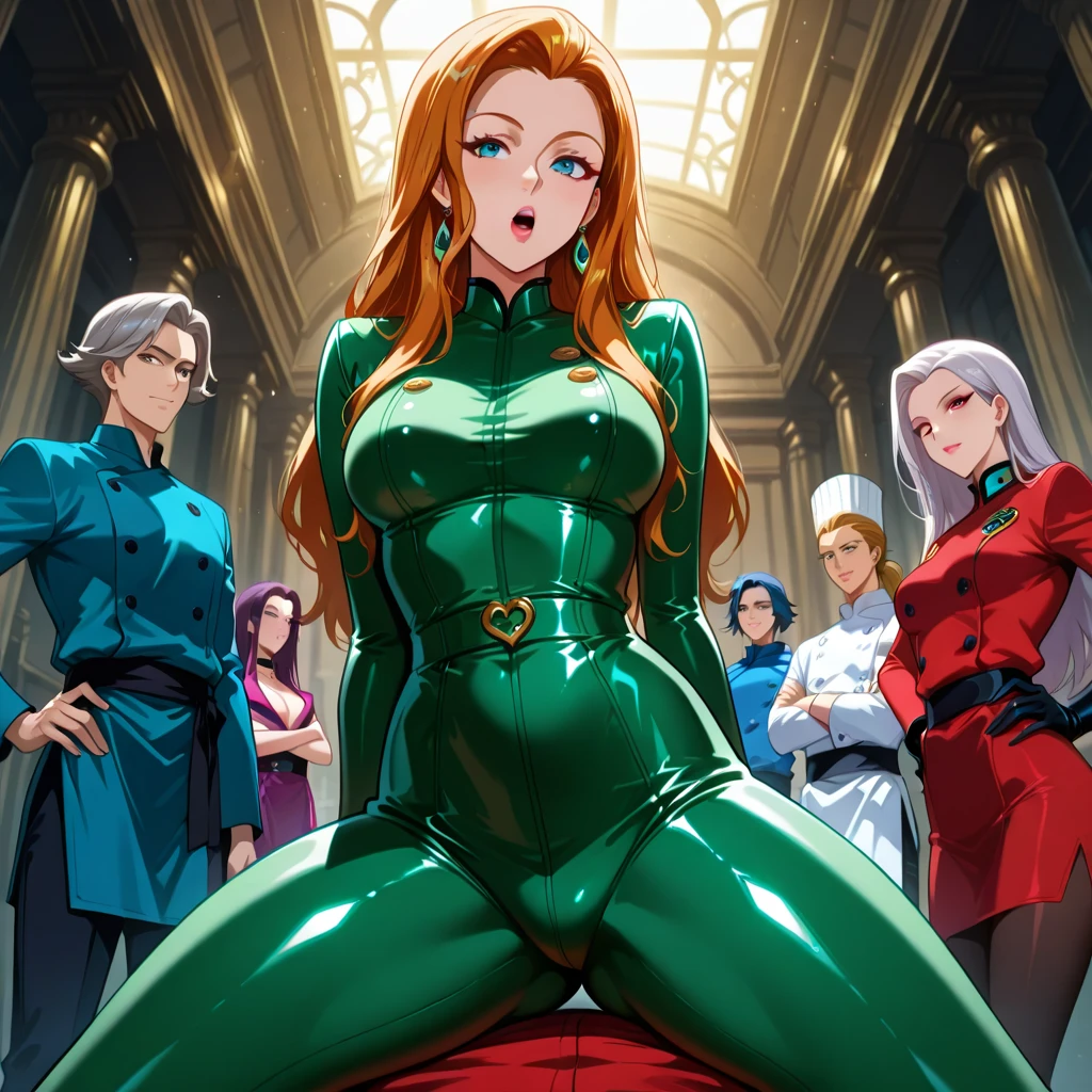 Dragon Ball, (full body photo: 1.5), several men and Princess Zelda in maid cosplay costume| Spider-Man| Batman| Superman, inside a crowded spaceship and (Old Man+Demon is holding her tightly), and (the others are squeezing her in the corner of the ship)), she has (very short green hair blowing in the wind), (black eyes: 1.0), large breasts, is looking at the old man, smiling and the (Old man is holding a futuristic machine gun). Anime style (maximum resolution and quality and detail: 1.5), (masterpiece: 1.2)