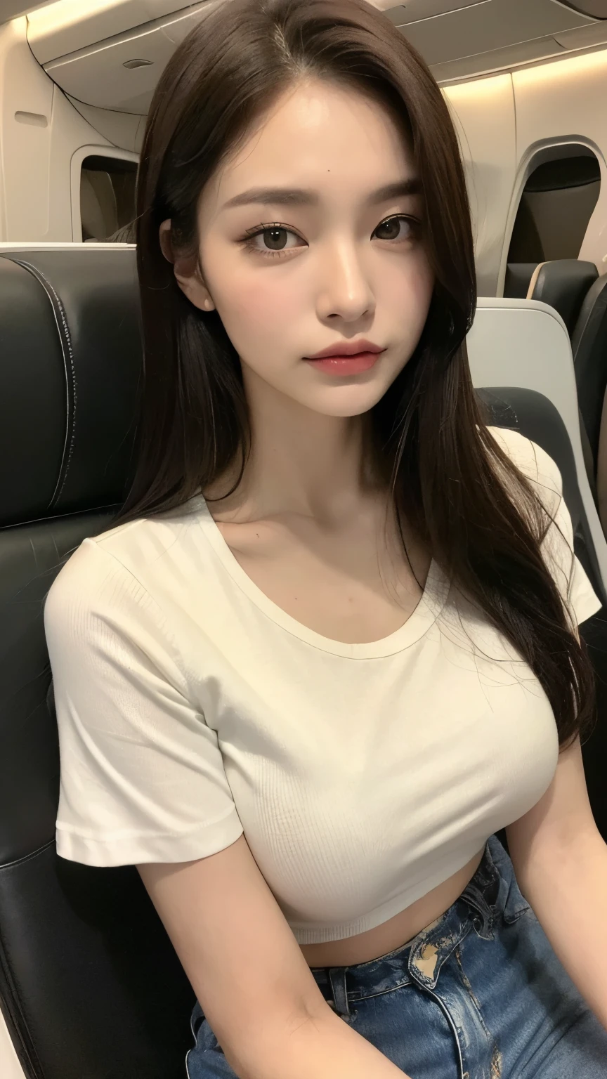 highest quality, masterpiece, 8K, ultra high resolution, (realistic: 1.4), 1 girl, beautiful face, symmetrical eyes, big, perfect body proportions, stewardess uniform, Viewer's line of sight, (inside the plane: 1.2), Front view, Shoulder jumps, Absolute area (1.3),