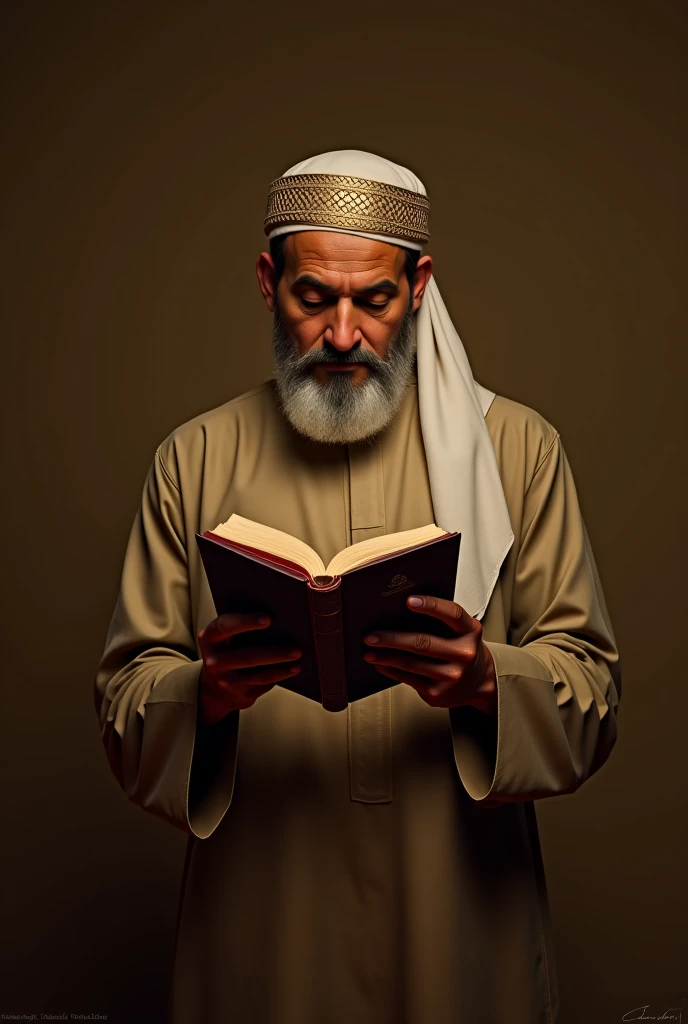 A Muslim  men with hanging Quran in hand with Expression like some good information tell us to know. & Her dress is jubba which is islamic regionel drees & hee looking in the camera 