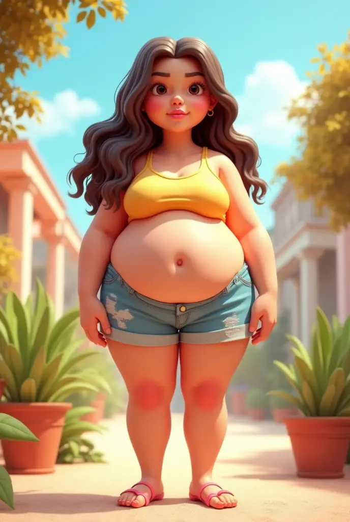 Disney Pixar style a short pregnant brunette woman has 1,58 tall is wearing a black bikini Dental Tweet Has short dark brown hair medium curly has light brown eye has tattoo