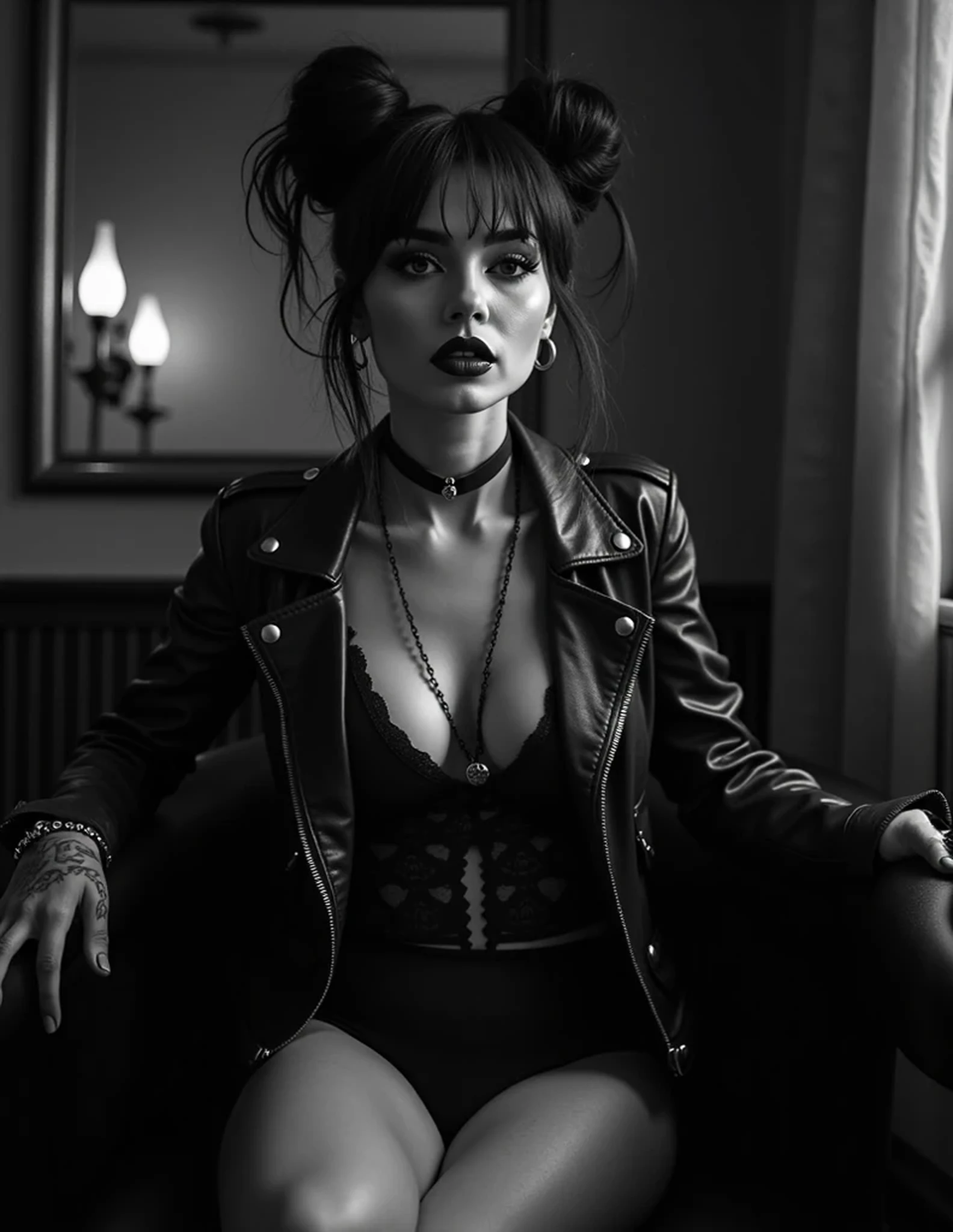 “Hello Boys! Introducing Ditta Vonâge, a stunning and captivating French bohemian rebel, stars in an award-winning erotic boudoir photoshoot by the Kings of Kink—Helmut Newton, Herb Ritts, Rick Castro, and Robert Mapplethorpe, with stylistic nods to Kishin Shinoyama, Man Ray, and Christophe Mourthé. Shot on a Hasselblad with moody Cinestill Double-X Black & White 120mm film, this dark, gothic, avant-garde film noir explores smoldering intimacy and bold sensuality. Ditta’s brooding idealism shines—defiant, sentimental, and tantalizing. Her boho-chic twin buns, tousled and teasing, frame her as she poses provocatively on a retro barstool. Clad in black gothic French lace lingerie (Agent Provocateur), ripped fishnets, BDSM cuffs with chains, and stiletto heels, she exudes electrifying allure. Her retro biker jacket drapes off tattooed skin—skulls and esoterica in punk style. Untamed and ravishing, her melancholic stare and smudged, runny makeup reveal vulnerability, her lip bitten sensually. This hypnotic image, rich in shadows and crisp highlights, captures her free spirit and gothic opulence. Framed with the golden ratio and rule of thirds, soft chiaroscuro light and gritty texture unravel her dark intimacy. A voluptuous size 14 goddess, Ditta embodies rebellion and ethereal beauty in a surreal, forbidden dance of dreams and reality."