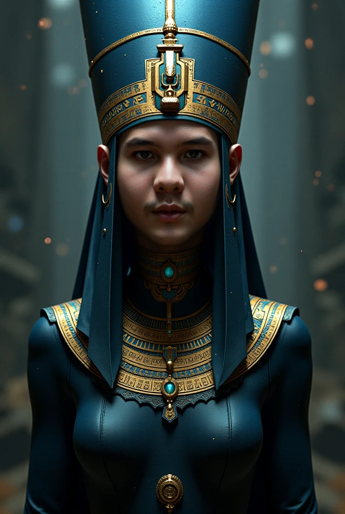 ral-opal, meahophontron, whole body, Woman robot face, futuristic cyberpunk, bust, cleopatra of egypt theme, Egypt background, demonic environment, black clothes, pose frontal