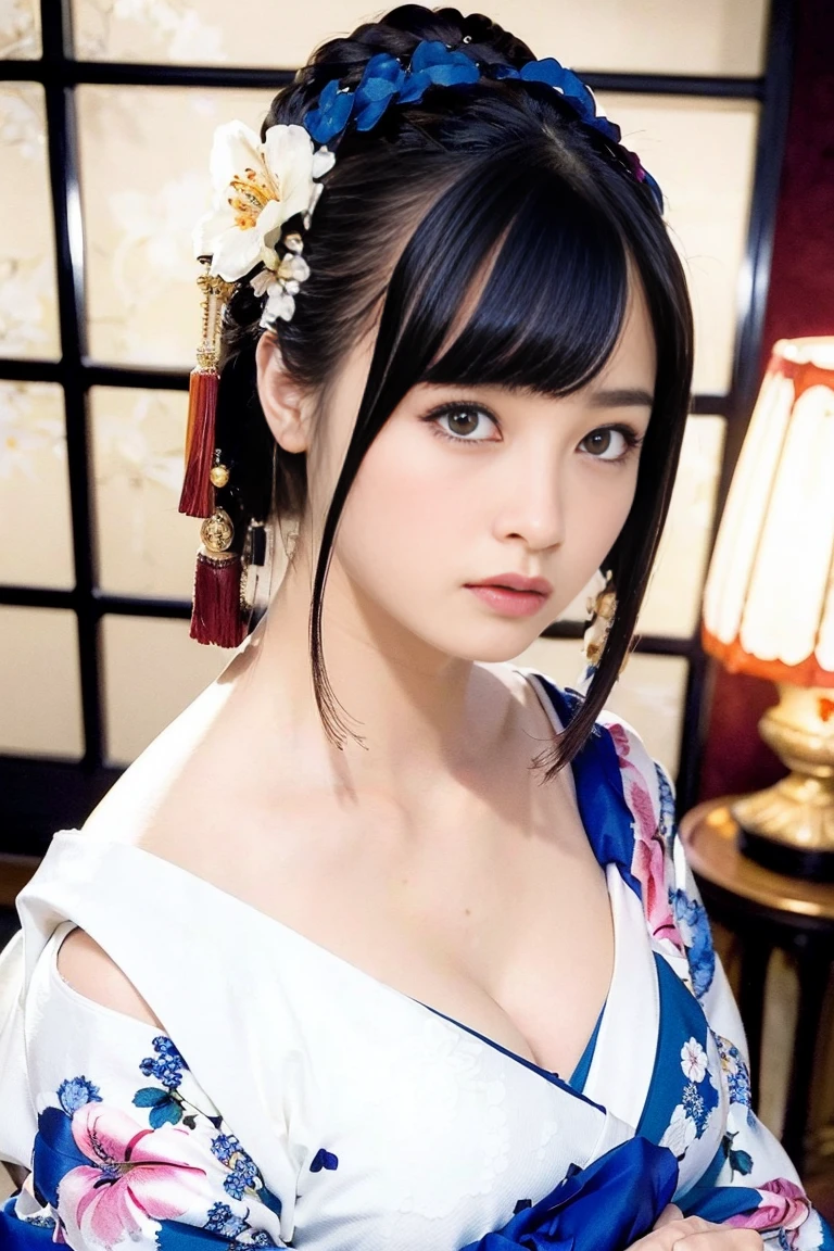 1 girl,highest quality、ultra high resolution、(Photoreal:1.4)、blue eyes、look at the audience、blush、Off-shoulder white dress with floral print、lying on the bed