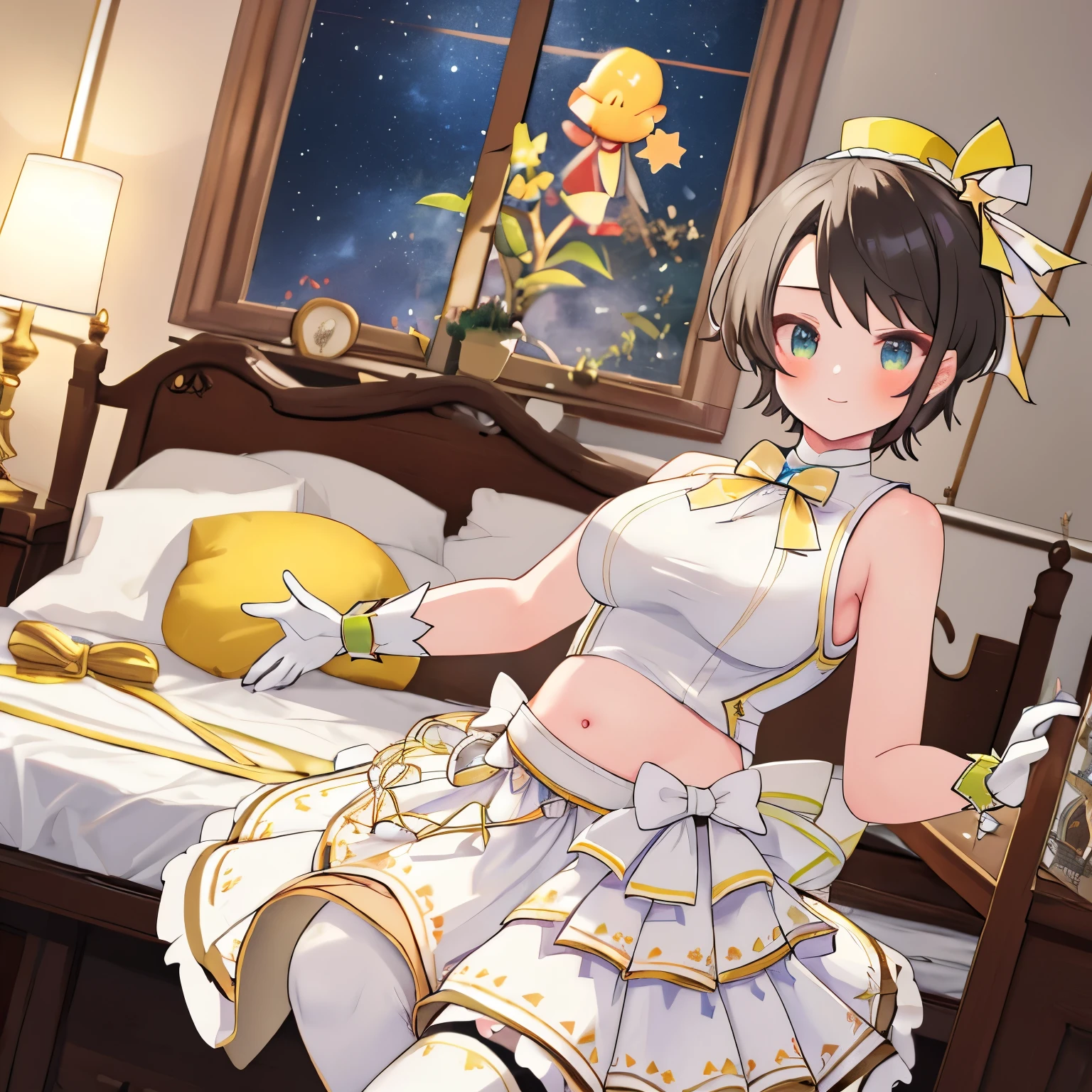 masterpiece, Best Quality, high resolution, Tsubaru, short hair, mini top hat, yellow head device,  hololive idol uniform, yellow bow, sleeveless shirt, sleeveless,  wrist cuffs , white gloves, belly button, white ribbon, Layered Skirt, white skirt, black thighhighs,Big Breasts, My Room