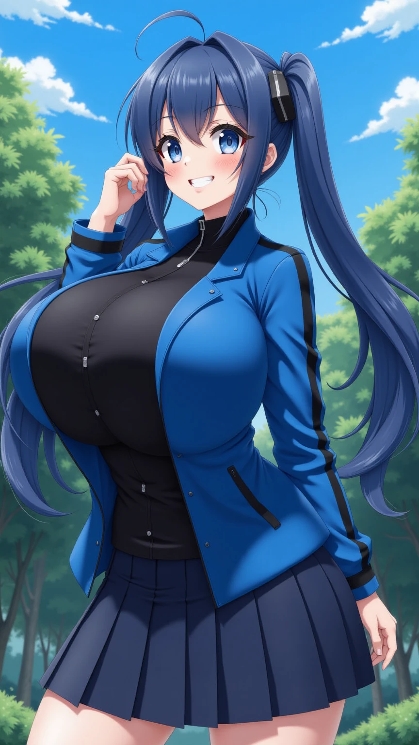 1girl, hourglass figure, mature female, milf, large breasts, ponytail, blue jacket, black hair, blue eyes, smile, black pants, short, white shirt, jacket, pants, long ponytail, large ponytail, very short hair, pixie cut