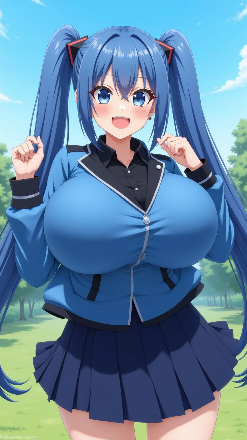 Big breast,long blue hair,wide hips,thicc tigh,white shirt,mini skirt,blush,look at viewer,skirt lift,show underwear,standing,park,rimuru tempest,pov from bottom