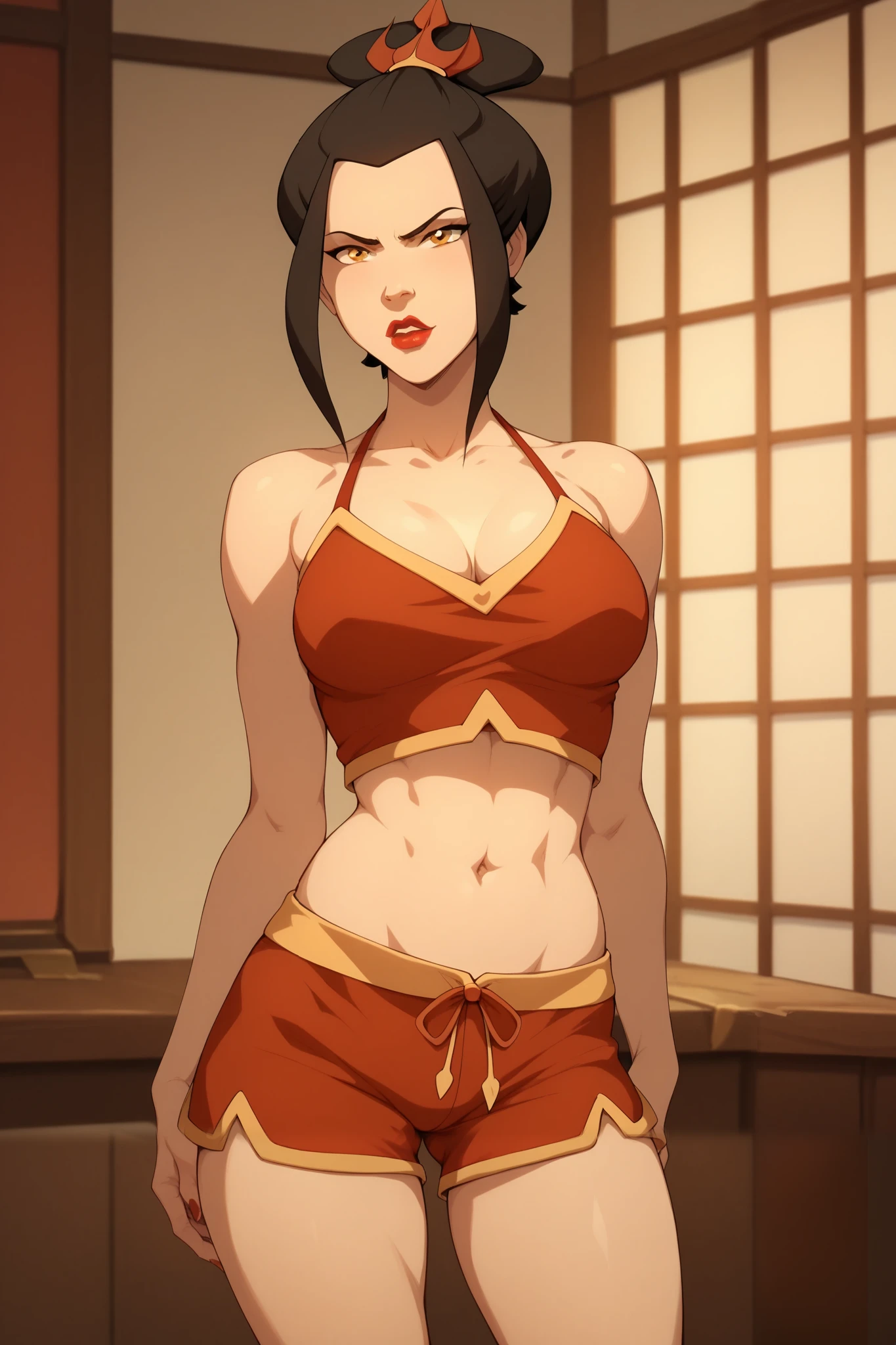 Azula, golden eyes , red lipstick , beautiful and sexy body , in erotic and sensual pajamas, With erotic shorts, tight and short shorts, flirty pose, Thin woman, pose in a room.