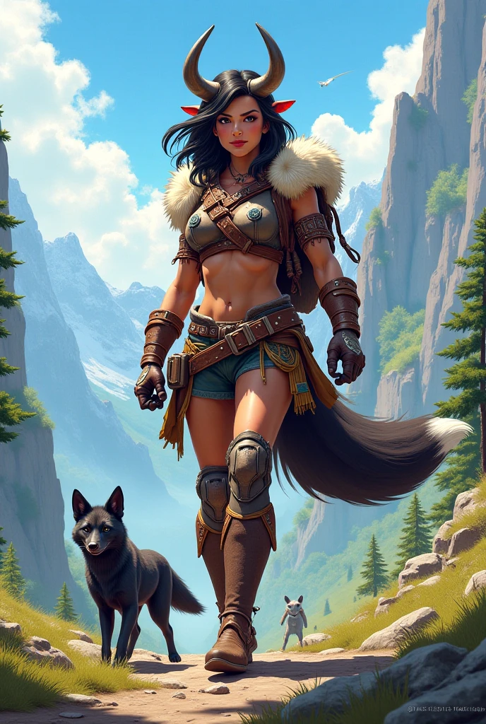 dynamic angle, full body comic art of stunning beautiful woman, posing looking back, extremely detailed eyes and face, blue eyes, long ponytail straight brunette hair, Small Breasts, slender fit, tiny waist, glossy skin, fangs necklace, wearing leather bikini armor, brown leather, exposed midrift, dog sitting, ultra detailed, ((background tundra grass fields, mountains on the horizon)), river, dim light, low key, shadows, fantasy world