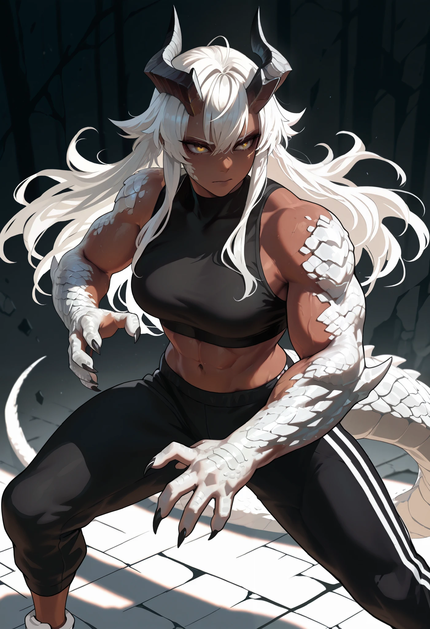 muscular creature, dark horns, yellow eyes, short spiky white hair, black crop top, sport pants, humanoid arms with sharp claws and scales, silver scales on arms and legs, calm pose, athletic, posed in a dynamic stance,dark skin tone, BREAK background is simple and muted, with a gradient effect and soft, neutral tones.