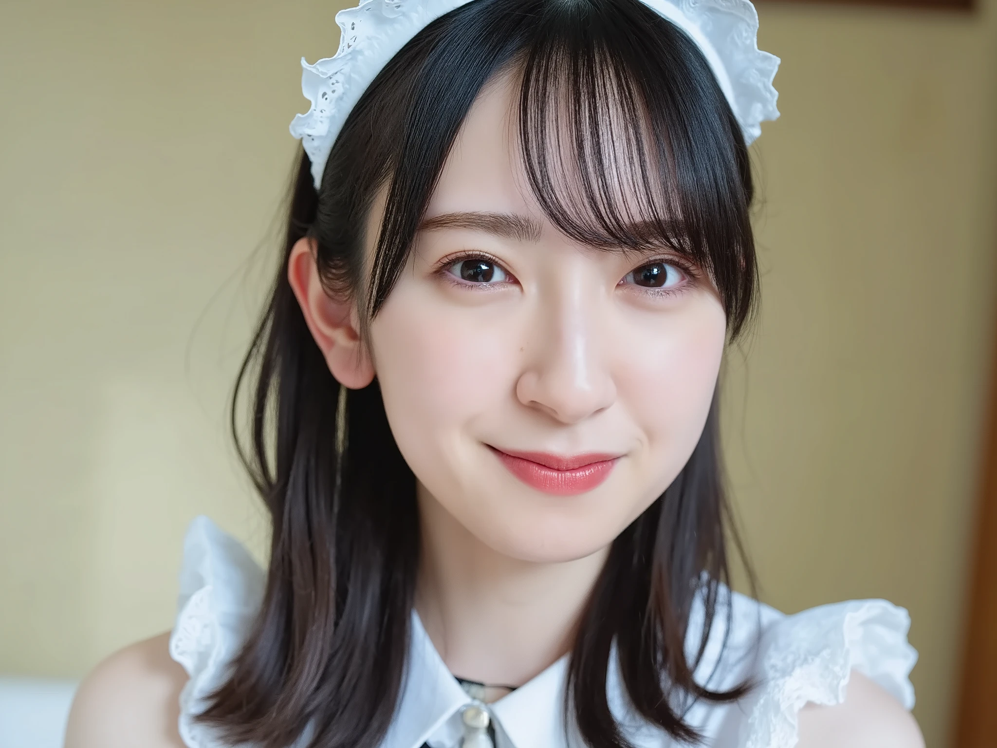20 year old Japanese girl, most beautiful face, white skin, 自然inリアルなオーラ , clearly show long, straight, dark black hair, Thin bangs, big round eyes, dark brown eyes, Beautiful slim face, slim figure, hips with full thighs,
Background , Natural Flat Breasts
She is wearing beautiful maid clothes, Black and white, in、 white maid headband on both arms , Show me clearly
I'm standing with my whole body facing the camera, セクシーな姿勢in, Watch Viewers, smile, makes you look brighter , 両腕がスカートの裾をつかんin開くと , Shows Off Her Sexy White Lace Panties, clear body proportions , sexy style, and her photo clearly shows cold 々 feeling , Contemplation and sex appeal , 全身像inあり、実在の人物inす
背景: simple background , In the photo、I can feel the sunshine shining in the picture, natural and realistic aura , The air is fresh