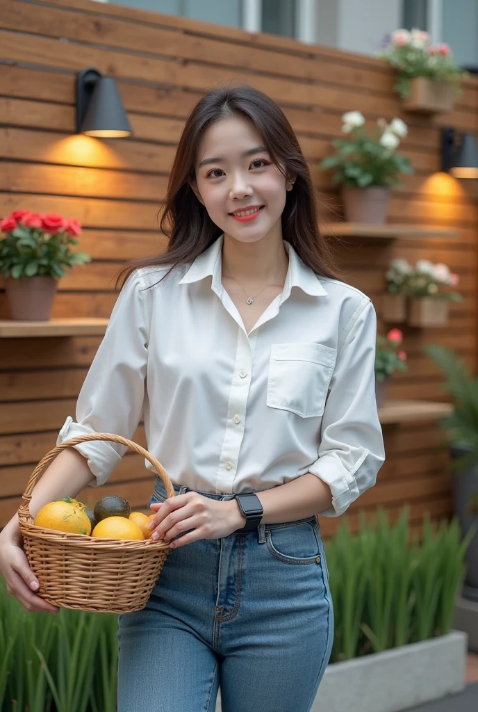 Aerial view of a beautiful Korean girl, Chest size 36 inches, medium hair, smile a little, Wear a white short-sleeved shirt., Black skirt with buttons, Carrying snacks in the cafeteria, in a convenience store, UHD