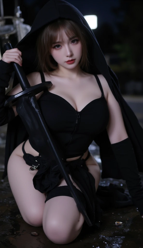 (masterpiece:1.3, Highest quality, Ultra-high resolution, Super detailed), (Realistic, photoRealistic:1.4), Perfect lighting, colorful, Depth of written boundary, Browsing Caution, Surrealism,((Pose with a gun and sword:1.3)),Beautiful detailed hair, Beautifully detailed face, Beautiful fine details, Beautiful valley,Beautiful clavicle, Beautiful body, thin脚,Beautiful feet, Beautiful breasts,Beautiful Hands, thin, 1 girl,Perfect Face, Long eyelashes,21 years old,Perfect Anatomy, Supermodel with a long neck,((Skinny1.3)),looking at the camera,(Perfect Anatomy,Anatomically correct, Highly detailed skin), Shiny skin,((beautiful girl:1.1)),(( large breasts:1.4)),(Mid-length hair:1.4, Wavy Hair:1.2, Black Hair) ,hair over one eye, Dainty facial structure,((orgasm:1.4 )),((sweat)),((closedeyes:1.4)), ((open mouth:1.1 )),((Spread legs:1.5)),((lying, on back:1.5)), ((wearing(black)Maid clothes:1.3 )),criss-cross halter,Long hangerless gloves,((Destroyed city)),((Ruins scary atmosphere,Mood Lighting)),naked,spooky,soil,Deep dark background,Complex background,action