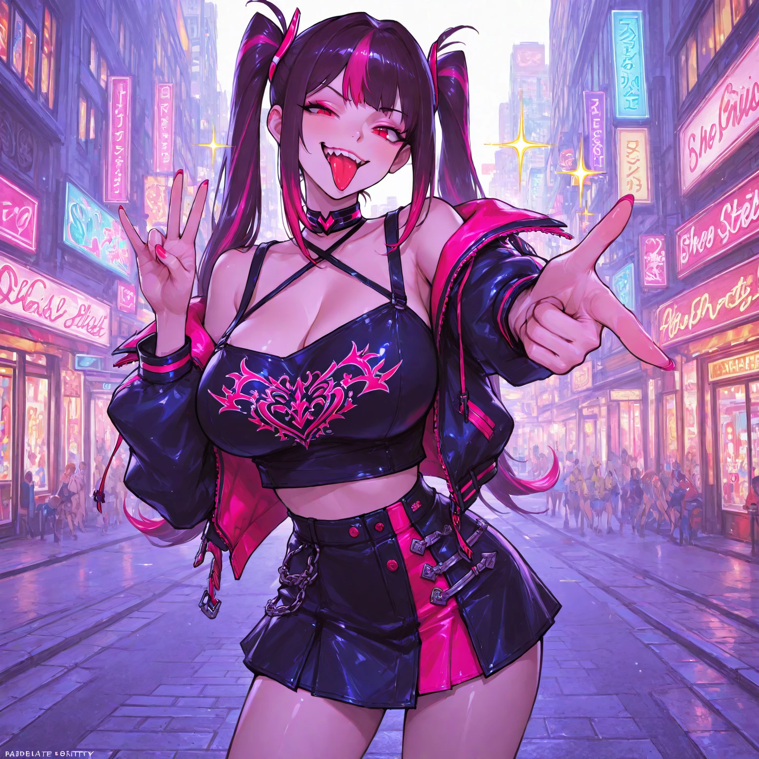 Highest quality, masterpiece, Ultra-high resolution,City of night,Standing woman,Neon Town, Have a smartphone,cyber punk vibe, cyber punk art style, cyber punk vibes, digital cyber punk - anime art, cyber punk themed art, cyber punk anime art, digital cyber punk anime art, in cyber punk style, cyber punk artstyle, has cyber punk style, anime cyber punk art, in cyber punk city, cyber punk art, cyber punk))), cyber punk style, style of cyber punk ,Red eyes, Cleavage, ,Seraphim, skirt,, Multicolored Hair, Grey Hair, Striped Hair, hair ornaments, smile, Black Hair, ,Black jacket, Earrings, Braiding, tooth,Long Hair,Octance 4K, Attention to detail