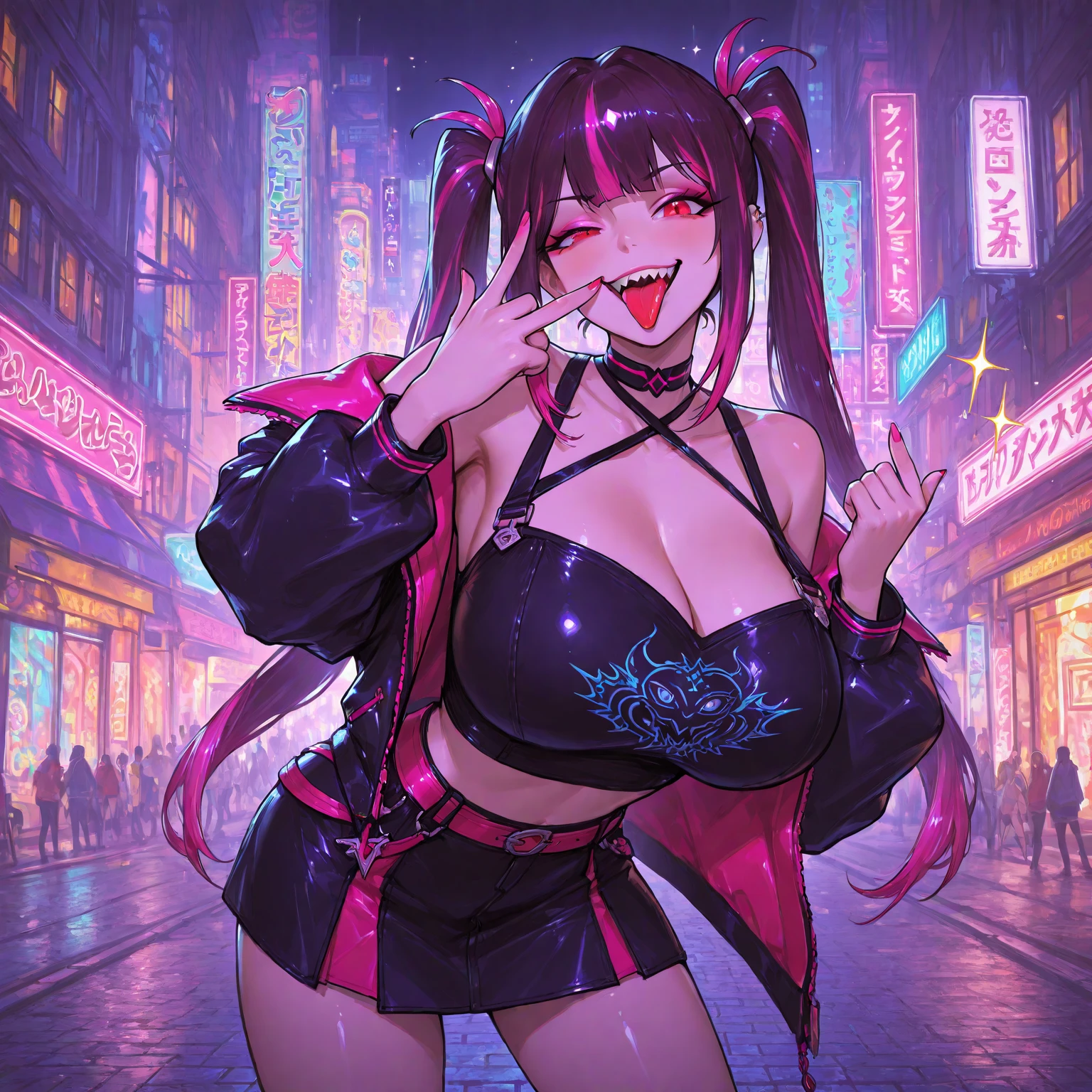 score_9, score_8_up, score_7_up, uncensored, source_anime, 1girl, solo, gyaru, looking at viewer, Mina Ashiro, kaiju battle suit bags under eyes, amimia, makeup, purple eyeshadow, purple lips, licking lollipop, smile, shiny skin, face focus, choker, polished nails, BREAK outdoors, tokyo \(city\), night time, blurry background, city lights, neon lights,nipple, areola