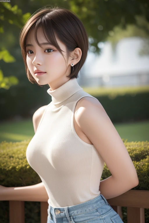 ((((highest quality))))、(((Ultra-precision CG16K wallpaper)))、(((masterpiece)))、(((Super detailed)))、(((super extreme details)))、１people&#39;s women、mature woman、25 year old woman、((Japanese face))、((very beautiful face))、((Hikaru Takahashi:1.5))、((wolf cut bob hair:1.3))、(shiny hair)、bangs up to eyebrows、beautiful brown hair、beautiful delicate eyes、brown eyes、raised eyebrows、high nose、small nostrils、small mouth、seductive lipouth slightly open、beautiful breasts、((C cup size breasts))、cleavage、plump body、perfect proportions、perfect anatomy、perfect composition、beautiful detailed shading、beautiful natural lighting、beautiful detail glow、Depth of the bounds written、soft focus、(((High chroma)))、(((real:1.9)))、((vivid:1.4))、((beautiful skin))、((skin texture))、((realな皮膚感))、(((cowboy shot:1.5)))、((Angle seen from the front:1.5))、((smile:1.3))、(Eyes looking at me:1.5)、bright sunshine、(((lawn square:1.3)))、(model pose:1.5)、(((High neck sleeveless ribbed mini dress:1.6)))、