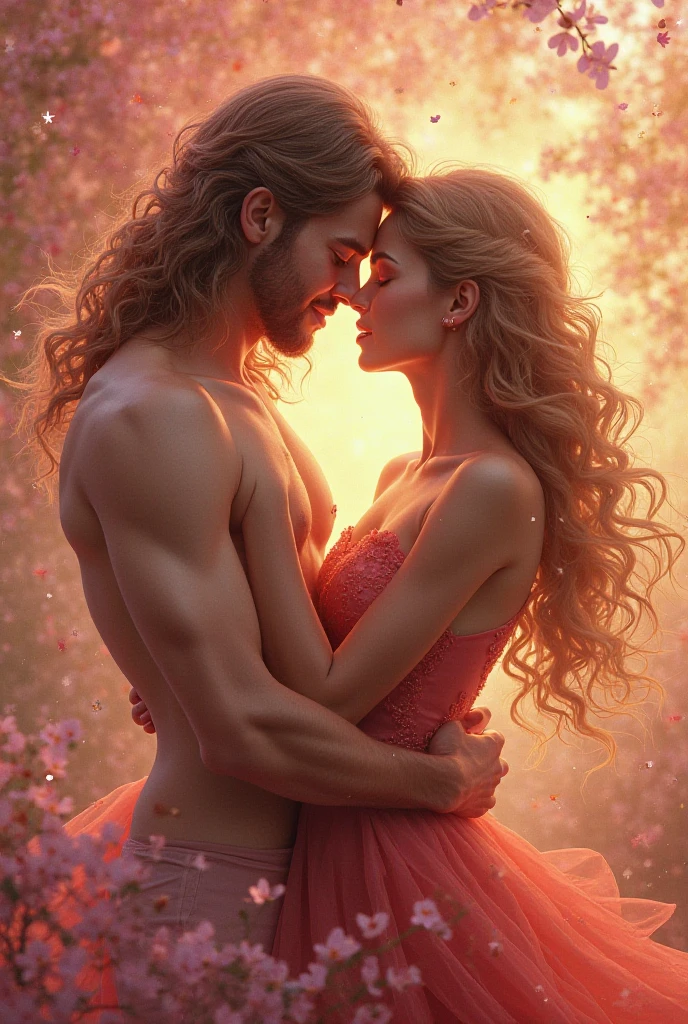 I want you to create a scene of this girl being kissed by her boyfriend,Her boyfriend is a blond, muscular guy, as handsome as a Roman statue.