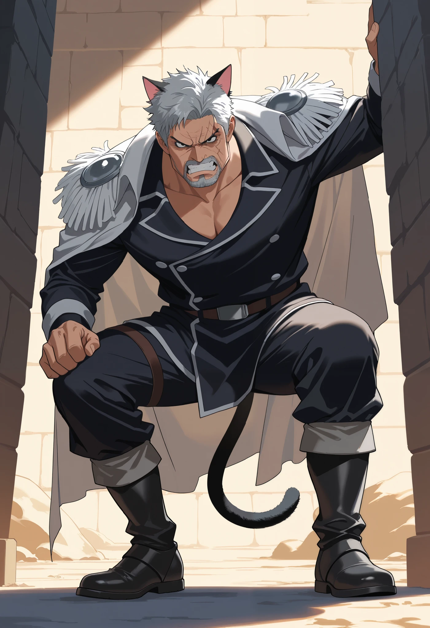 masterpiece , newest , absurdres , score_9, score_8_up, score_7_up, score_6_up, safe, 1boy, solo, full body, white_Garp_old facial hair, grey_Garp_short hair, black_Garp_scar on face, black_Garp_eyes, cat ears, cat tails, angry, arabian tunic, tunic, arabian armor