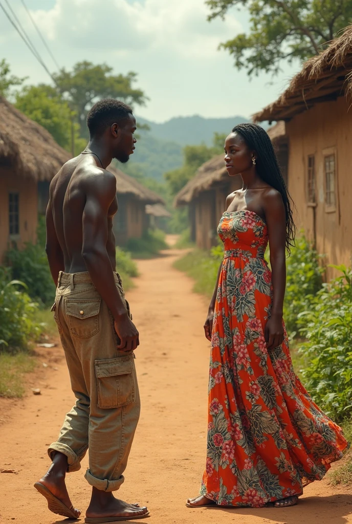 Amara and Malik in a tender moment, symbolizing newfound love and respect, surrounded by the supportive villagers, in a peaceful and vibrant African village landscape, in 16:9 dimension.
