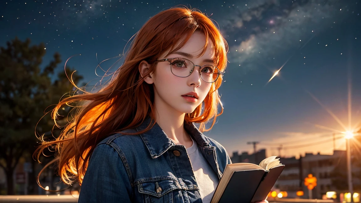 Young sits on the grass reading a book, long wavy red hair, wearing glasses, bright blue eyes, lamp light, full body, under a tree, distant vision, tries deep, starry sky, illuminated night, photographic effect, 8k, super detailed, hyper realistic.