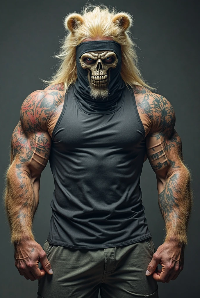 (photorealism:1.2), half skull half wolf muscular man