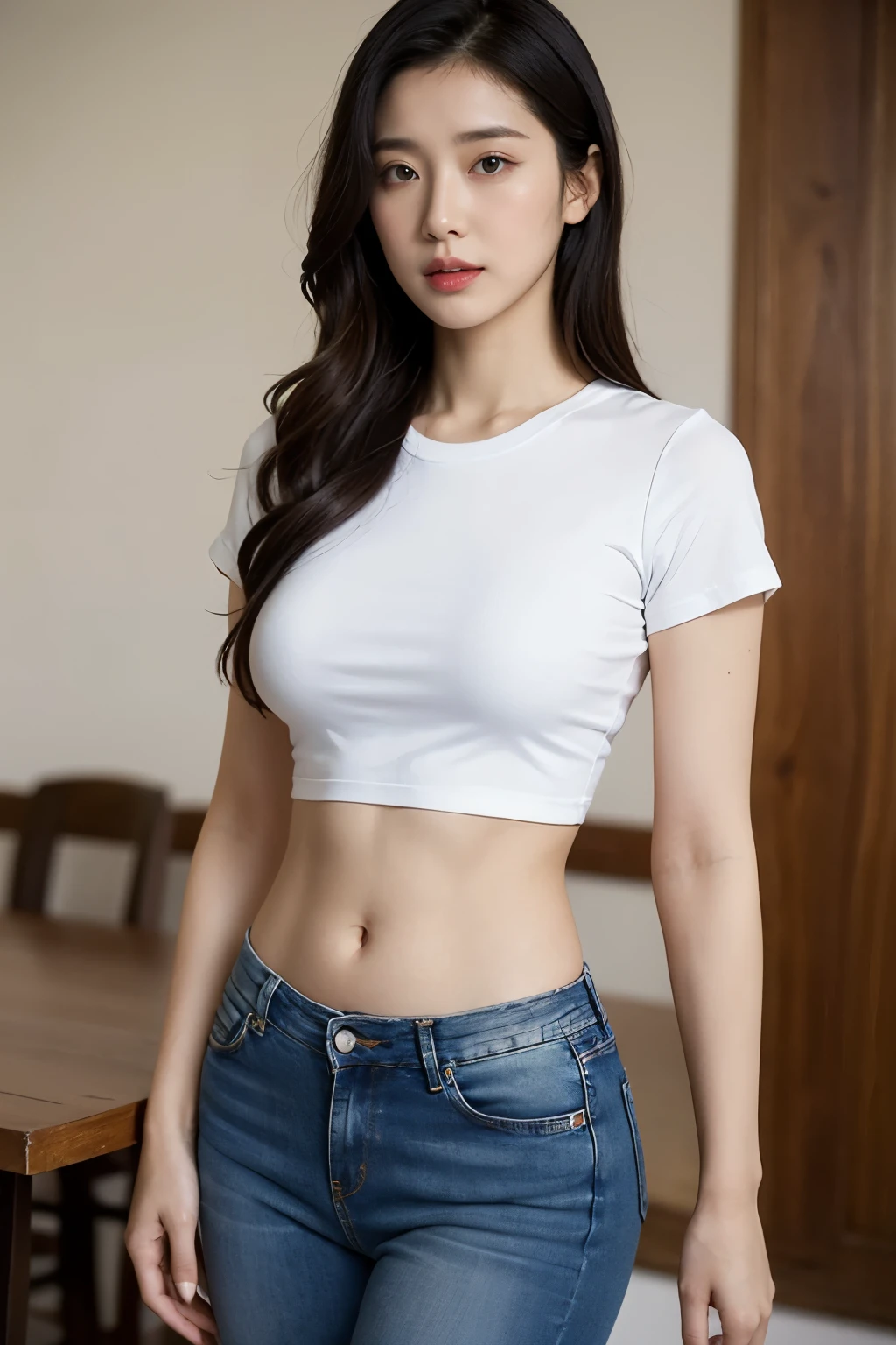 (realistic:1.2), solo, Asian woman, white t-shirt, tight shirt, crop top, midriff, navel, jeans, indoors