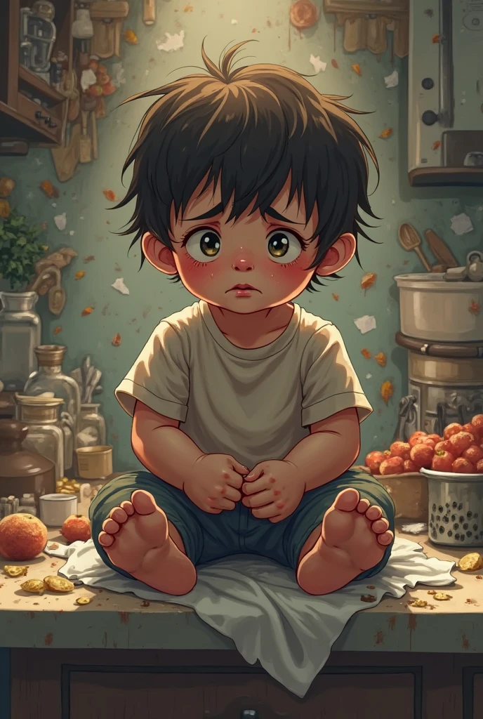 the distraught toddler is sitting on a counter in the cluttered kitchen
