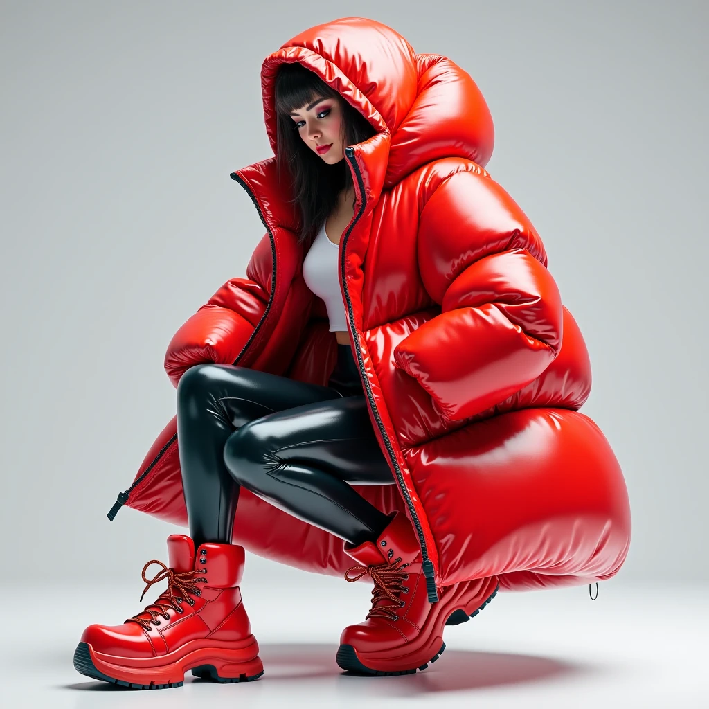 full picture, realist, Tracer from Overwatch sealed-shut inside her hooded glossy overfilled thick duvetica puffer vest covering over her glossy longsleeved latex topwear, her shiny legging, her full-foot glossy hyper padded overfilled thick inflated puffer slipers, a masterpiece, high details, high quality, high resolution