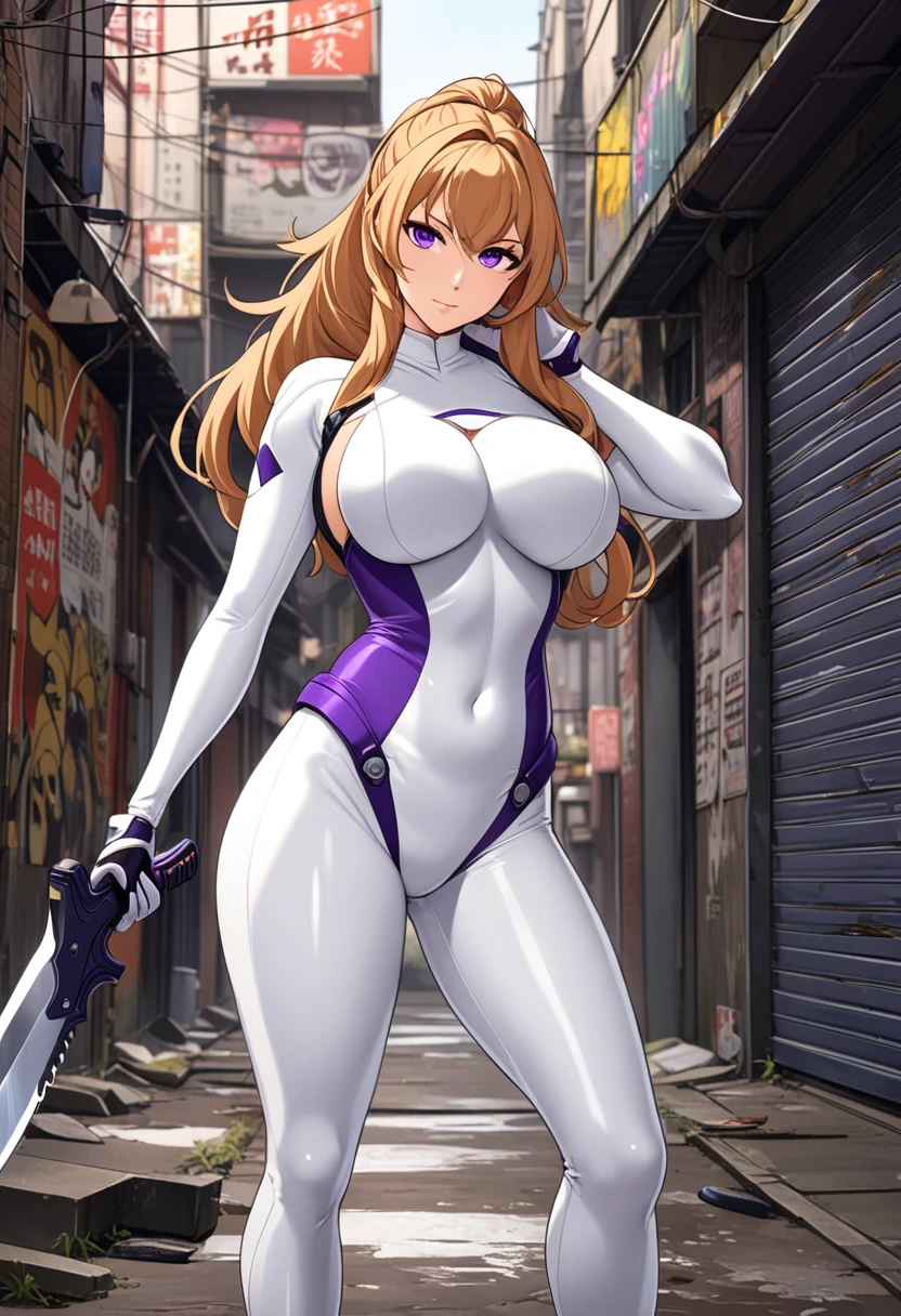 an anime girl in a sexy costume poses next to a race track, 1girl, braid, blue eyes, outdoors, blonde hair, long hair, breasts, solo, cherry blossoms, looking at viewer, day, smile, hat, covered navel, long sleeves, bangs, bodysuit, cowboy shot, petals, blue sky
