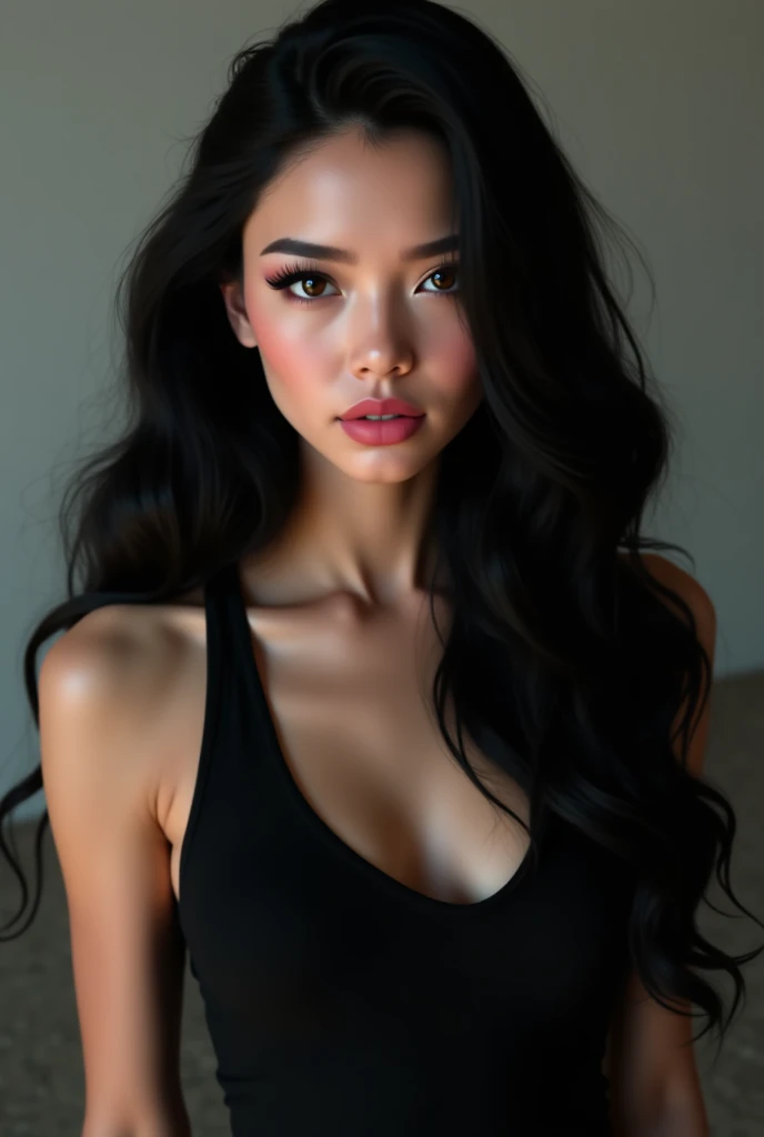 A stunning portrait of a woman with perfect 90-60-90 body measurements. Her face is beautifully symmetrical with high cheekbones, full lips, and almond-shaped eyes. Her hair cascades in loose waves down her shoulders, framing her face elegantly. She wears a fitted dress that accentuates her hourglass figure, and the lighting highlights the smooth texture of her skin."