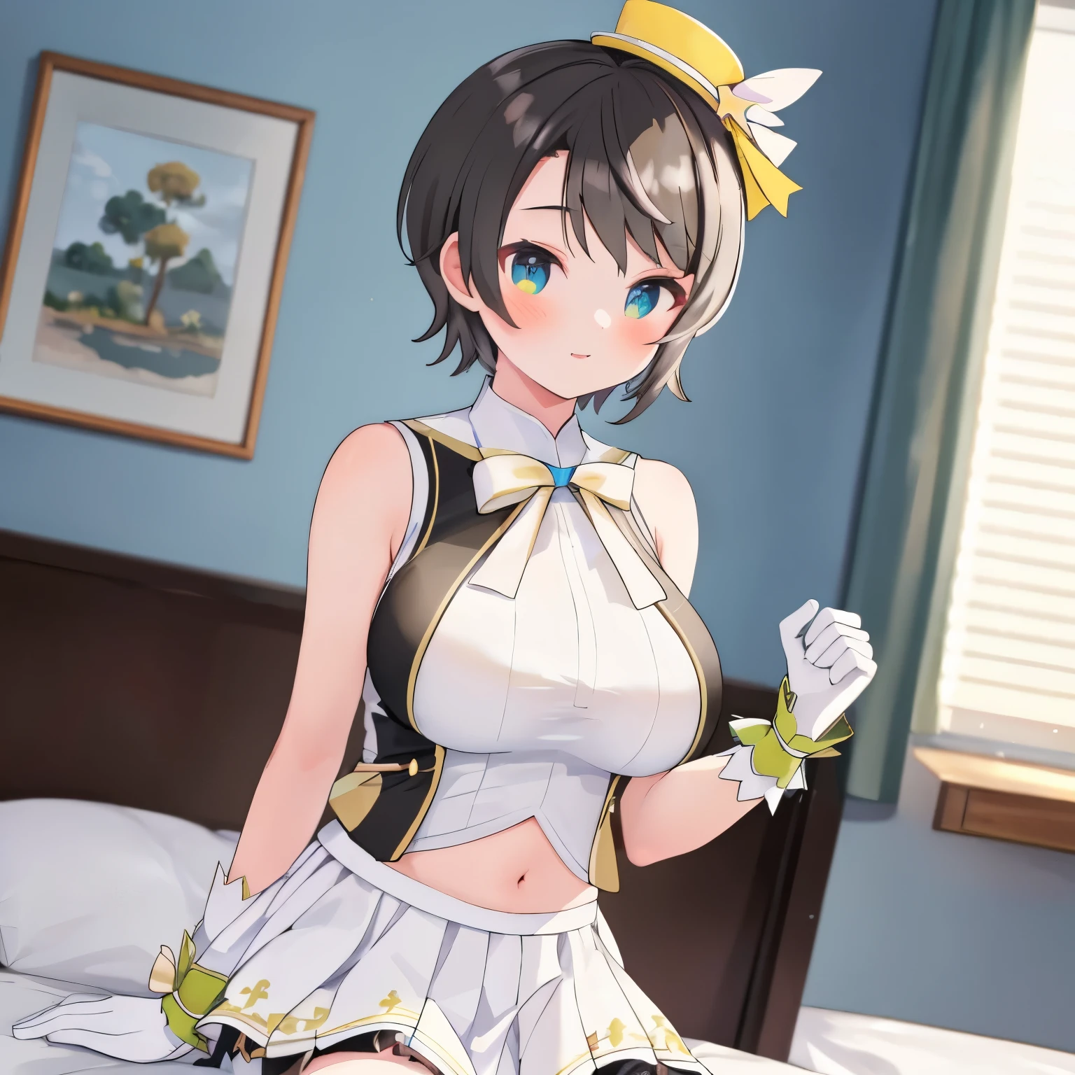 masterpiece, Best Quality, high resolution, Tsubaru, short hair, mini top hat, yellow head device, hololive idol uniform, yellow bow, sleeveless shirt, sleeveless, wrist cuffs , white gloves, belly button, white ribbon, Layered Skirt, white skirt, black thighhighs,Big , My Room