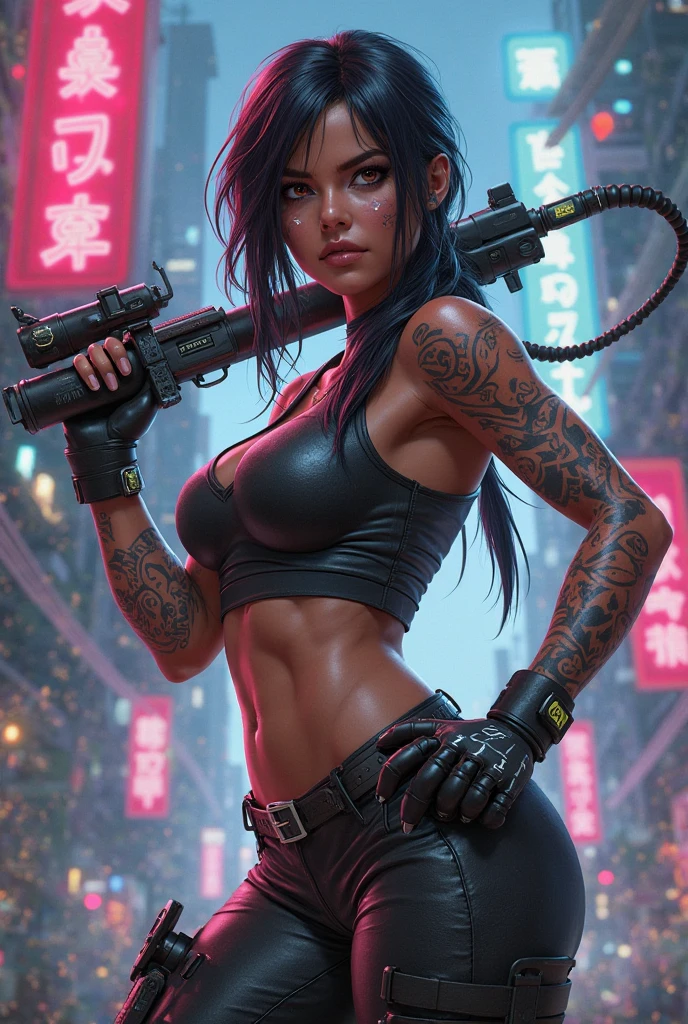 arafed woman with tattoos and piercings holding a gun, inked, tattooed, inked and colored, with tattoos, cyberpunk angry gorgeous goddess, in a post apocalyptic setting, thick dust and red tones, inspired by Hedi Xandt, postapocalyptic vibes, tattooed body, fully tattooed body, crimson themed, tattoos and piercings, by Seb McKinnon