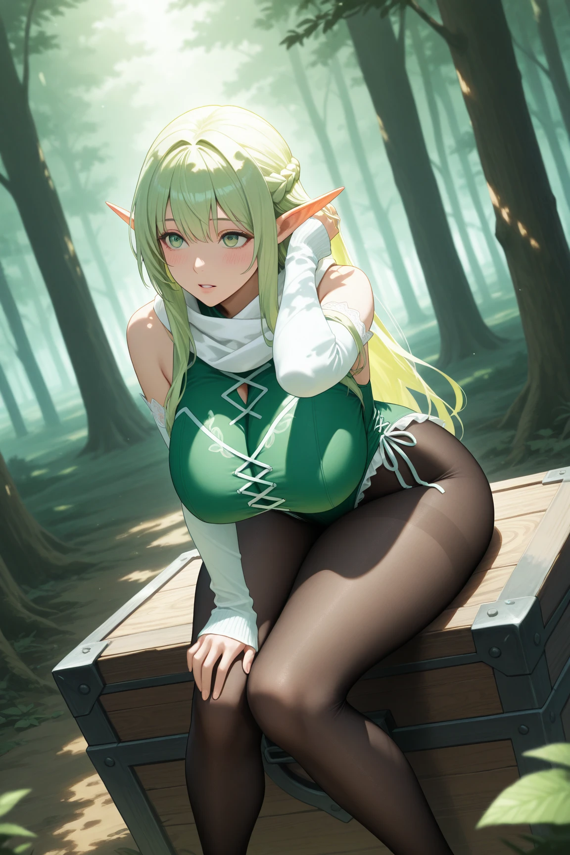4k,High resolution,One Woman,Green Hair,Short Ponytail,Blue Eyes,Big Breasts,knight,White high leg leotard armor,Full Armor,Heavy Armor,White shoes,White gloves,Crystal Sword,in the forest