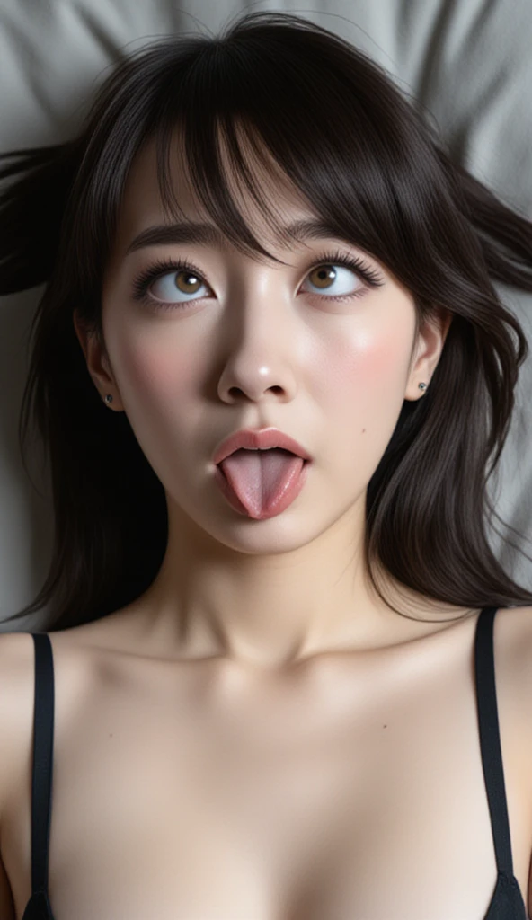 Irina Shayk,Beautiful Japanese Woman,1 Girl、high resolution eyelashes,Award-winning photo、Very detailed、eye、nose、Focus on the mouth、Close-up with focus on face))、Woman with open mouth and closed eyes、Age 35、Black Hair、Wrinkles:1.1、Symmetrical face、Realistic nose hole、From belowのアングル、Elongated C-shaped nose hole NSFW、Sweaty skin、Lighting that highlights sweaty skin、((Sharp nose))Skin shiny with sweat、Shiny skin、Sweaty hair、Upper eye、From below、(White collared shirt)(((Long Tongue)))、Upper body only,Ellipsoidal Surface,Gray background,