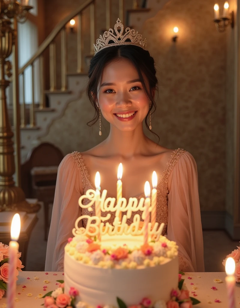 Photography of a beautiful 20 year old Asian woman with brown hair and a crown of fat body wearing a beautiful colored closed Cinderella dress holding a birthday cake in a night atmosphere by the pool with romantic light