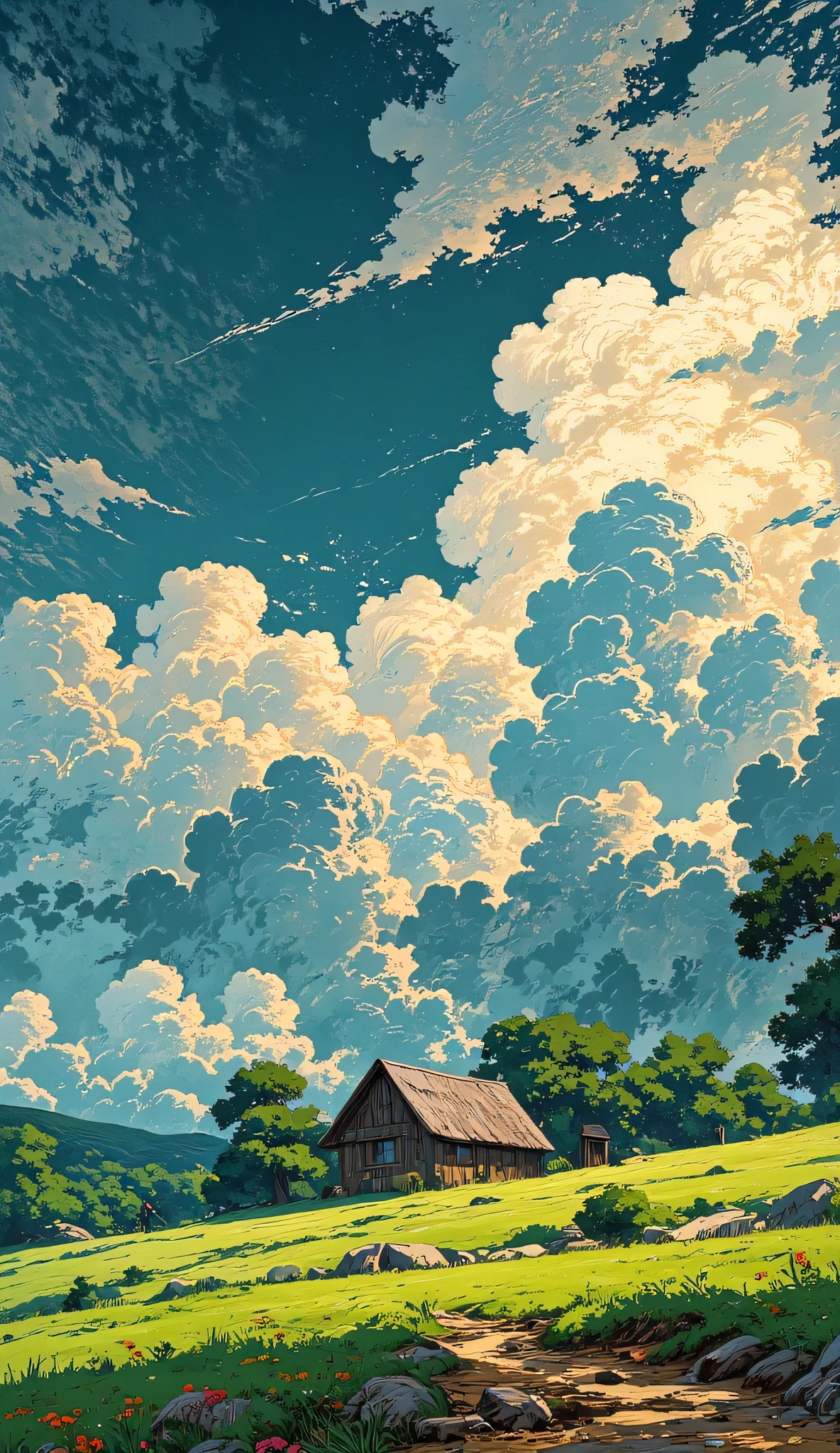 " una pequeña cabaña solitaria de madera envejecida en una colina de hiervas pequeñas y piedras, The structure is weathered by time, cThe open sky is a stunning scene: voluminous clouds in deep blue, grey and dark green tones surround a bright sun. The style is detailed, semi-realistic with hints of digital illustration, similar to the art of Studio Ghibli. A cottage in the middle of a field of minimalist flowers. 9kon tablones de madera gastados, fondo cielo despejado con pocas nubes Splattered ((( gray ))) Splattered !!!!!!.